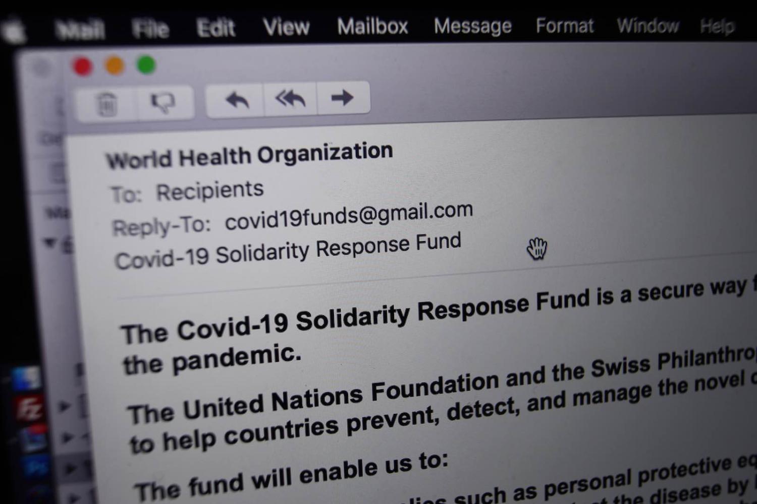A phishing email from someone posing as the head of the World Health Organisation asking recipients to donate money to a coronavirus fund, received in London (Photo by Yui Mok/PA Images via Getty Images)