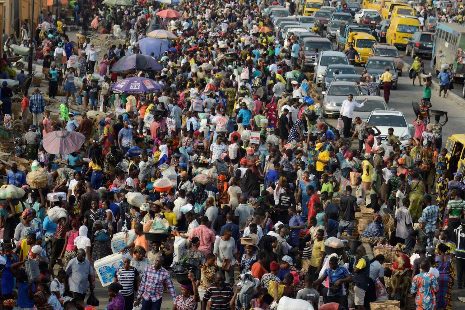 Oke-Odo Market in Lagos on 30 March as Nigeria declared a partial lockdown (Adekunle Ajayi/NurPhoto via Getty Images)
