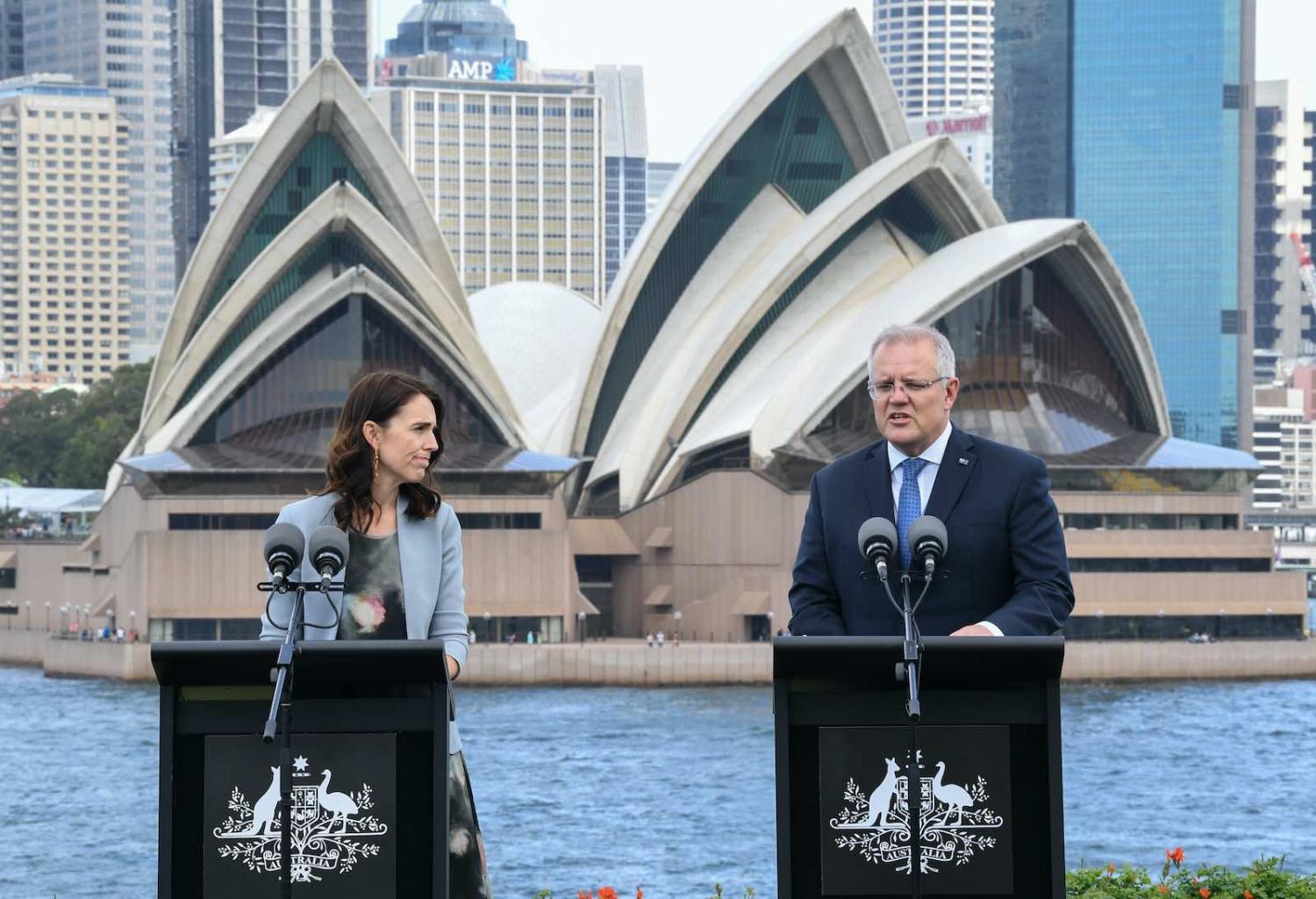 New Zealand Prime Minister Jacinda Ardern and Australian Prime Minster Scott Morrison during a February 2020 meeting in Sydney (James D. Morgan/Getty Images)