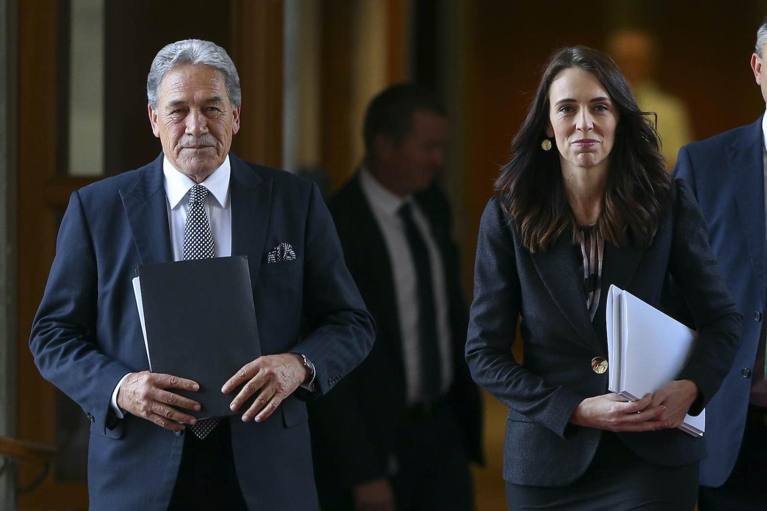 Foreign Minister Winston Peters and Prime Minister Jacinda Ardern before the New Zealand budget in May (Hagen Hopkins/Getty Images)