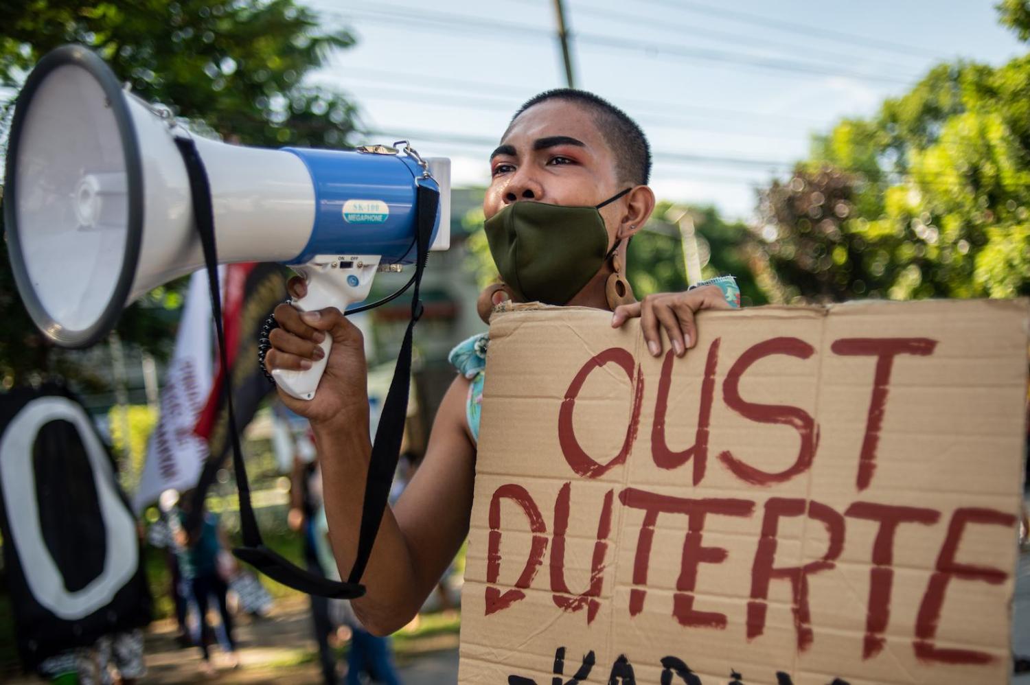 A protester in a demonstration ahead of President Rodrigo Duterte’s State of the Nation Address in Quezon City, Philippines, 27 July 2020 (Lisa Marie David/NurPhoto via Getty Images)