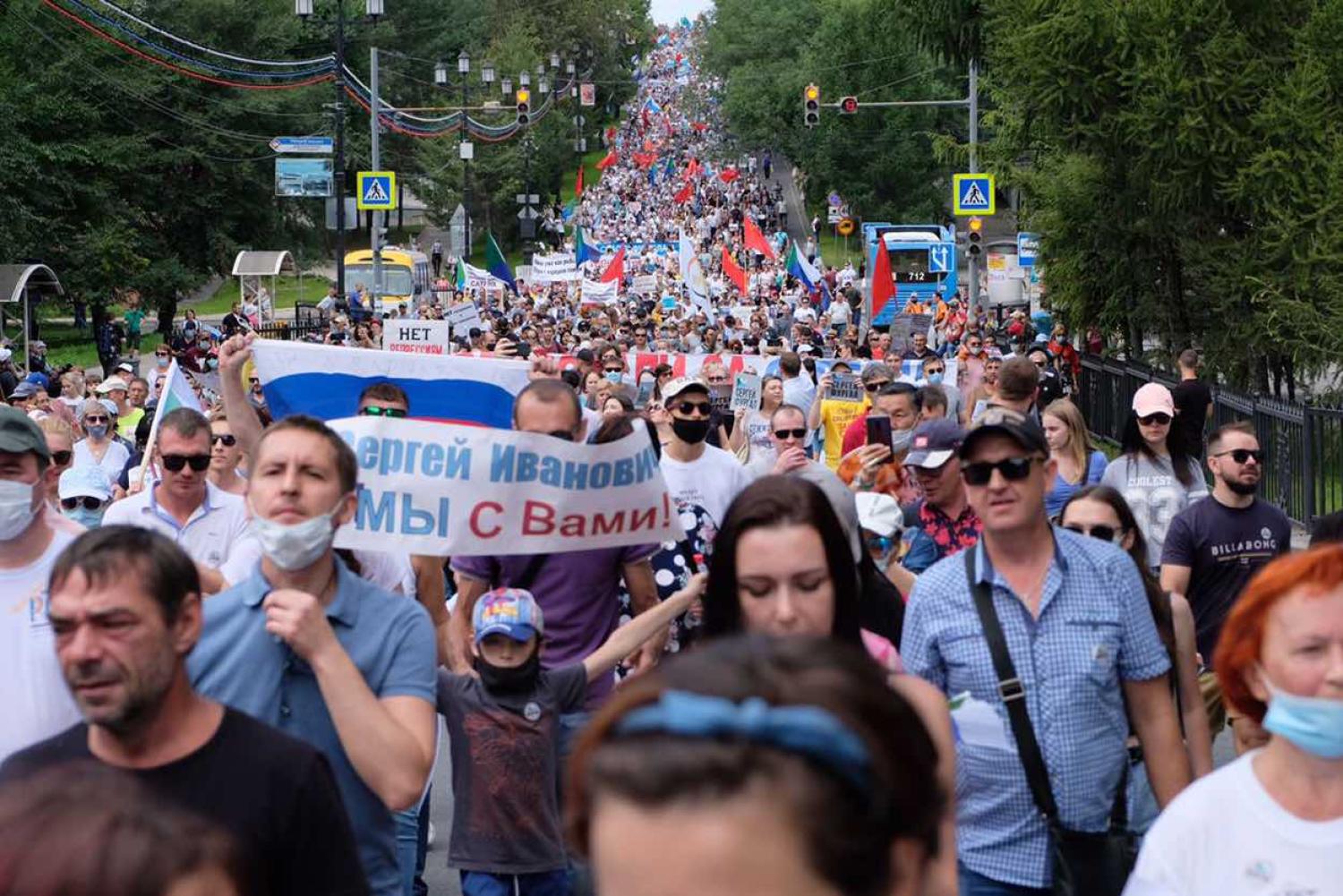 An unsanctioned rally against the arrest of Khabarovsk territory governor Sergei Furgal. The protests have been held in the region since 11 July (Dmitry Morgulis/TASS via Getty Images)