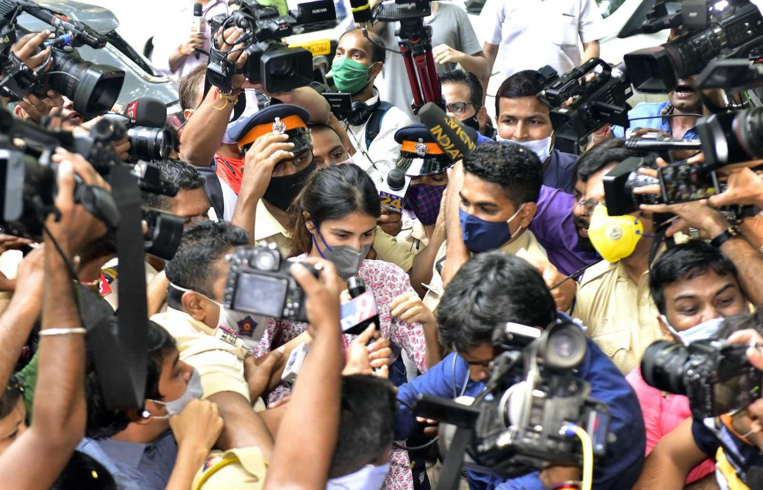 Indian actress Rhea Chakraborty arrives for questioning at the Narcotics Control Bureau office in Mumbai, 6 September 2020 (Anshuman Poyrekar/Hindustan Times via Getty Images)