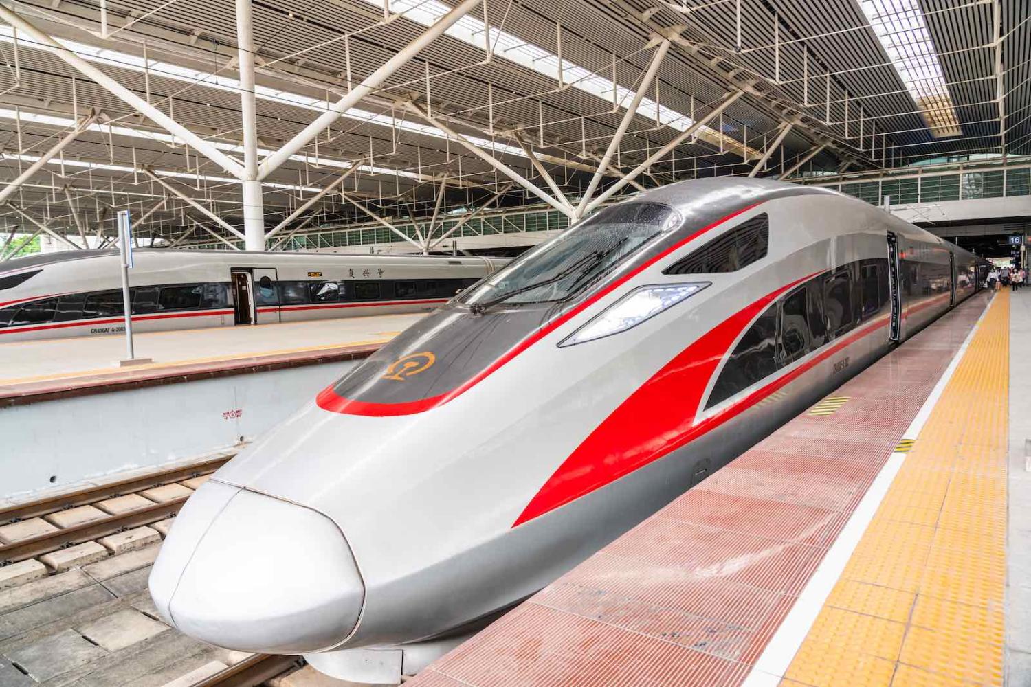 Fuxing high-speed trains operated by China Railway Corporation at Shenzhen North Railway Station in Guangdong province, 7 October (Alex Tai/SOPA Images/LightRocket via Getty Images)