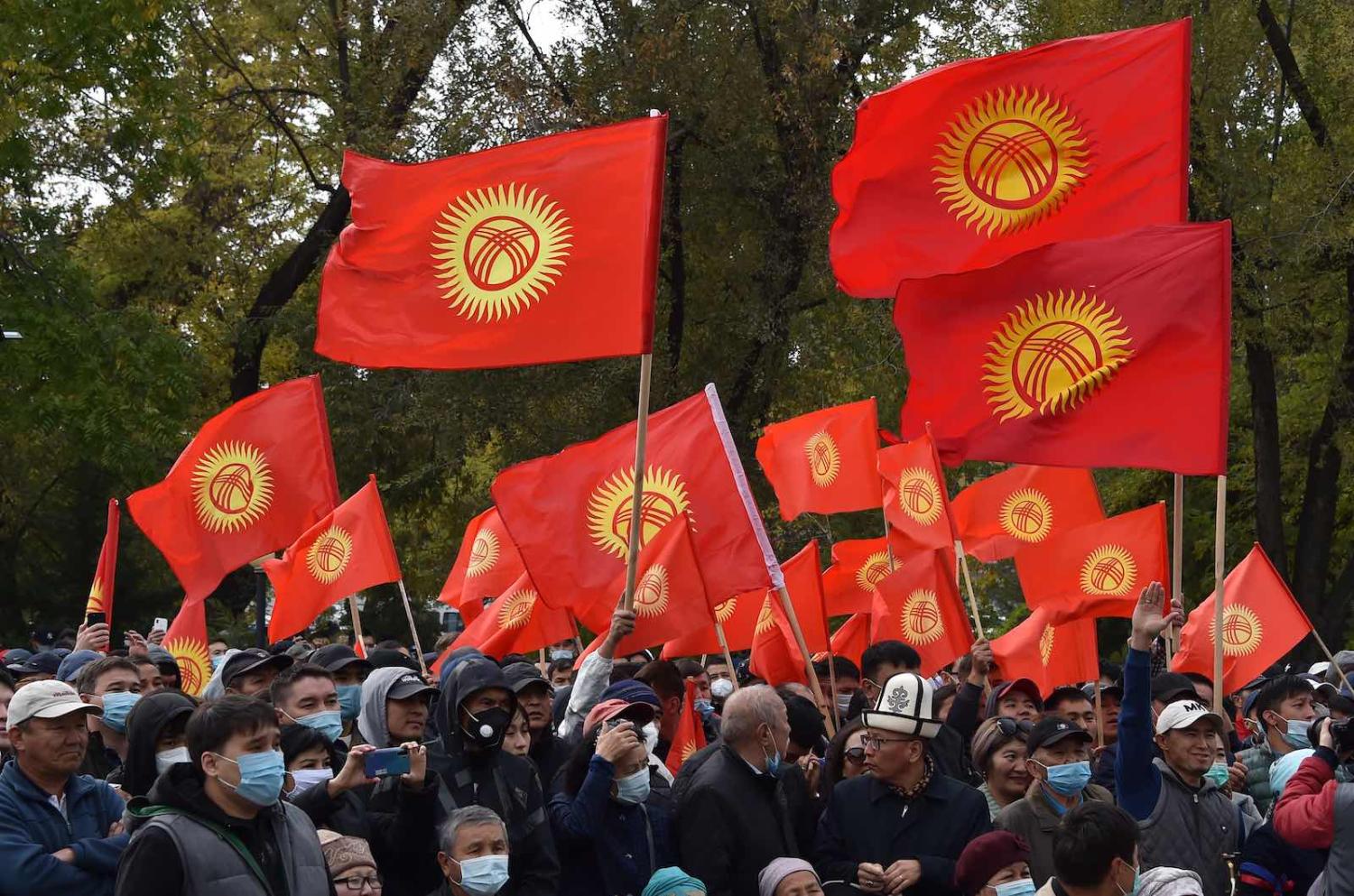 Supporters of former Kyrgyzstan President Almazbek Atambayev attend a rally in Bishkek, 9 October 2020 (Vyacheslav Oseledko/AFP via Getty Images)