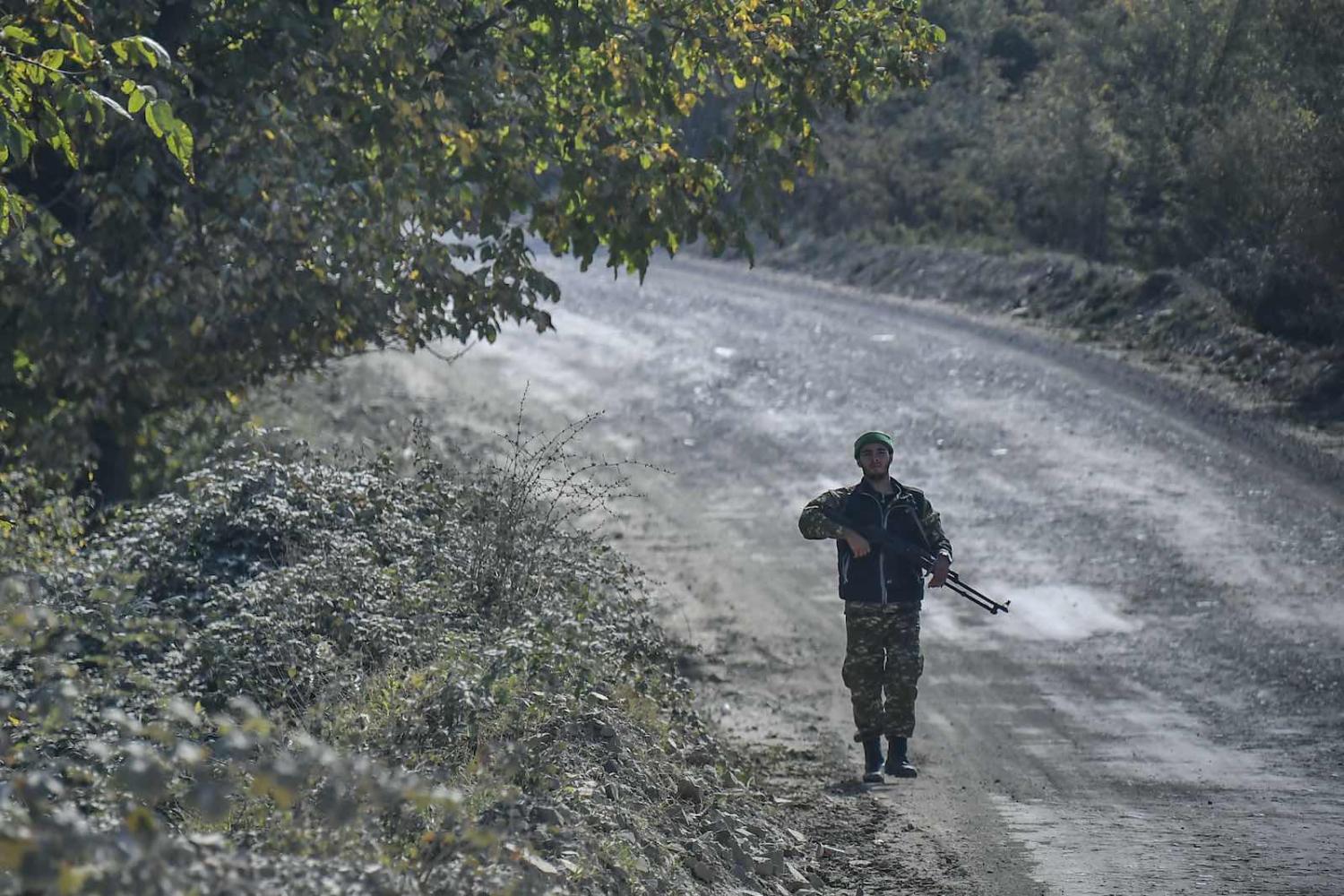 An Armenian soldier on 15 October during the ongoing fighting between Armenia and Azerbaijan over the disputed region of Nagorno-Karabakh (Aris Messinis/AFP via Getty Images)