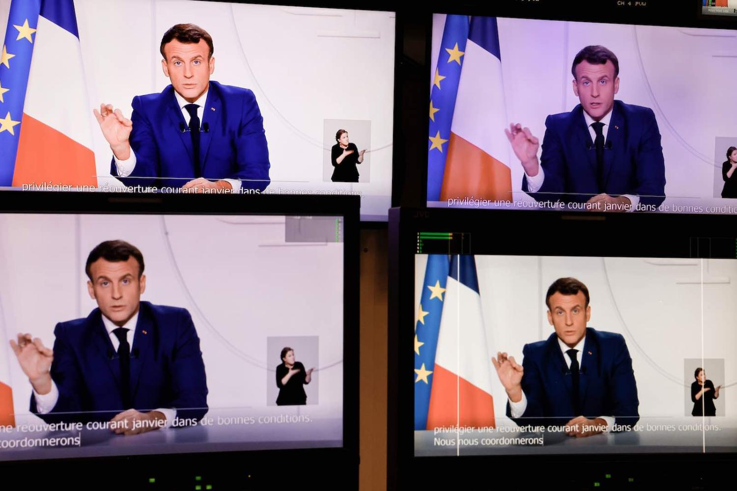 French President Emmanuel Macron during a televised address to the nation on the Covid-19 pandemic in November (Thomas Coex/AFP via Getty Images) 