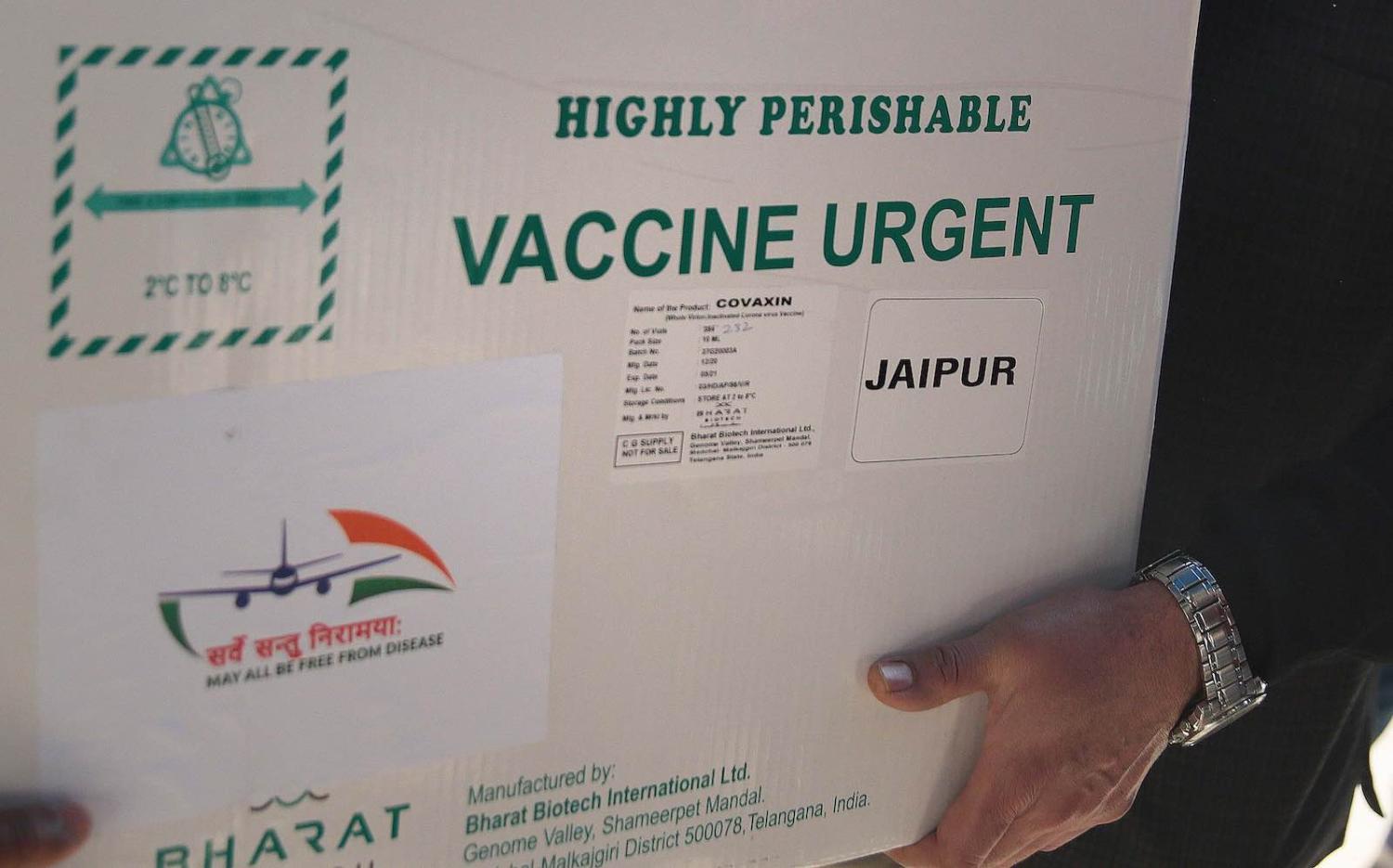 Delivery of the first consignment of 1000 vials of Bharat Biotech’s COVAXIN arrived to start Covid-19 vaccination drive from January 16, at State Vaccine Centre on January 13, 2021 in Jaipur, India (Himanshu Vyas/Hindustan Times via Getty Images)