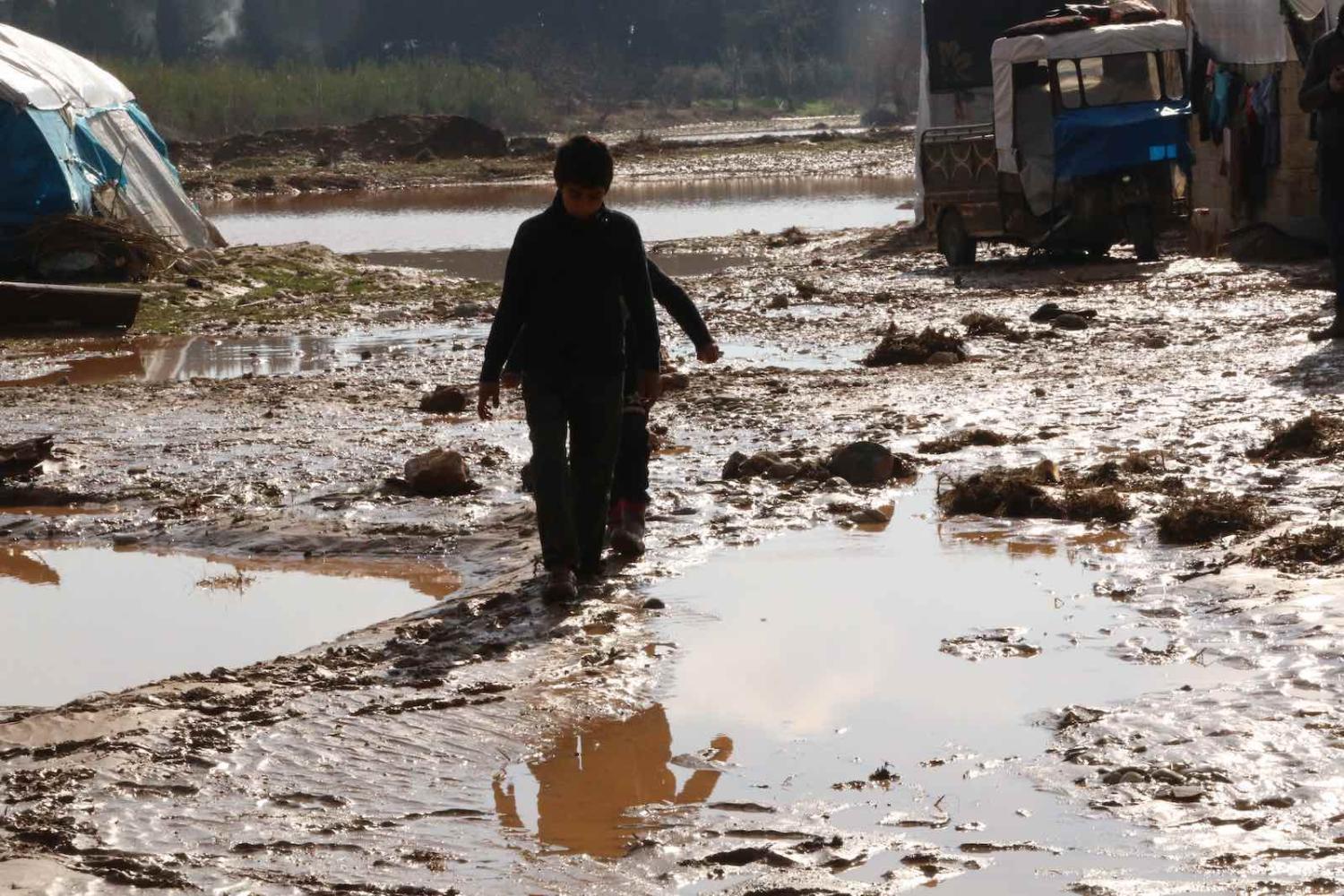 Flooding at a camp in Syria’s north-western Afrin province on 31 January (Muhammed Abdullah/Anadolu Agency via Getty Images)