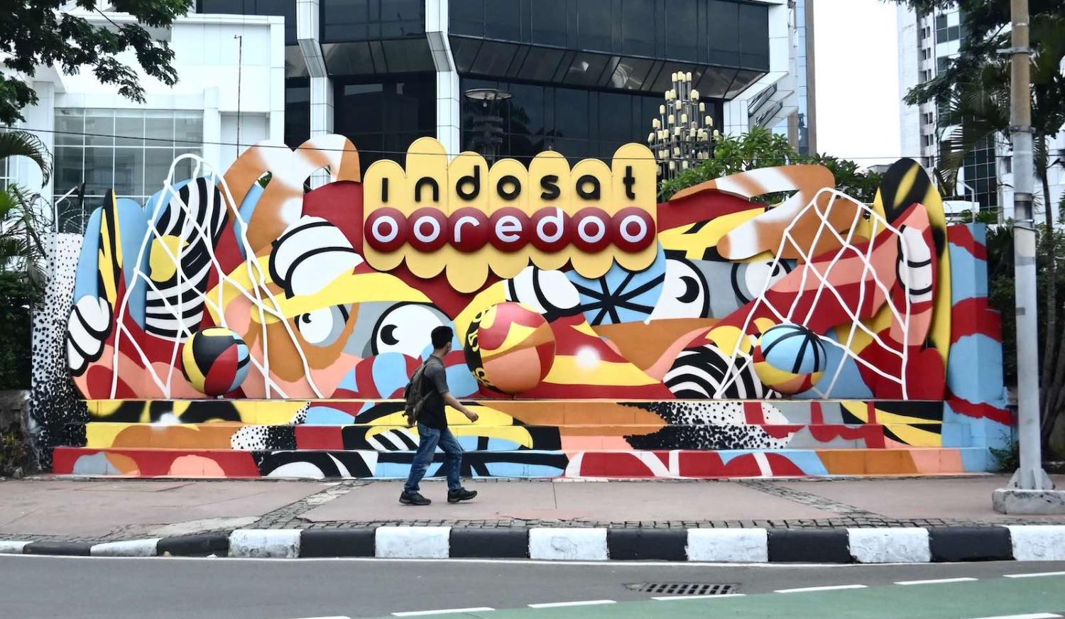A billboard in Jakarta for Indosat Ooredoo, one of Indonesia’s largest telecoms providers (Goh Chai Hin/AFP via Getty Images)