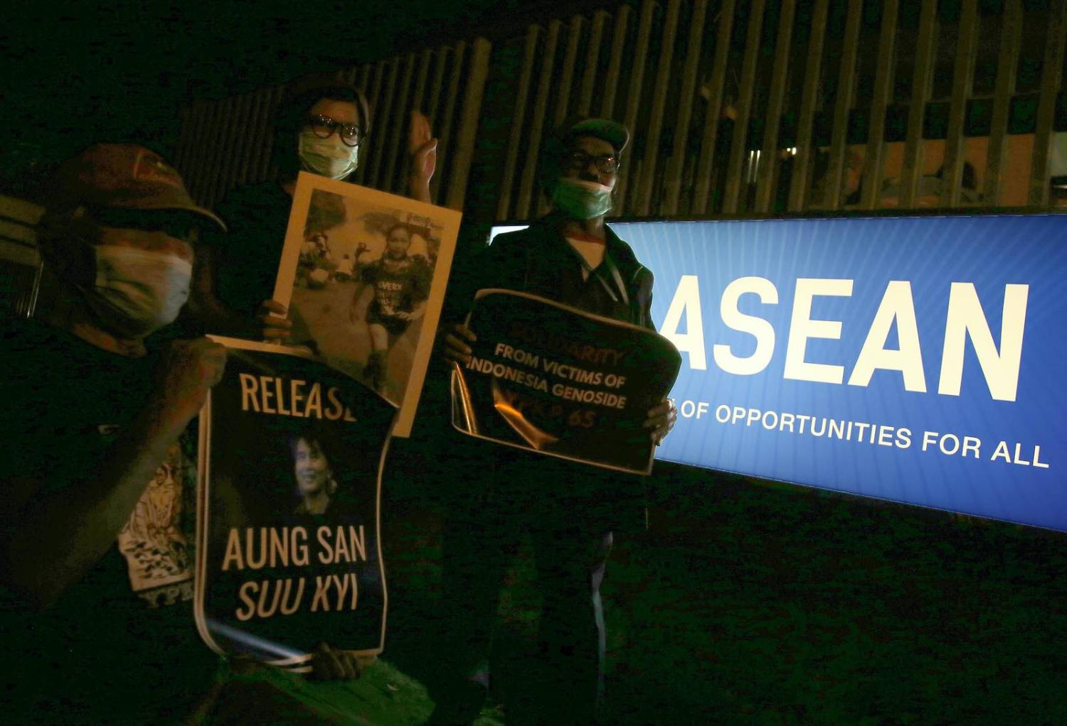 A demonstration in front of the ASEAN Secretariat building in Jakarta on 12 March against the military takeover in Myanmar (Dasril Roszandi/NurPhoto via Getty Images)