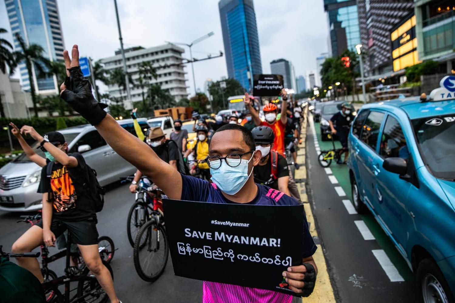 Indonesian bikers protest against the Myanmar military coup, outside the ASEAN secretariat building in Jakarta, 17 April 2021 (Jepayona Delita/Jefta Images/Barcroft Media via Getty Images)