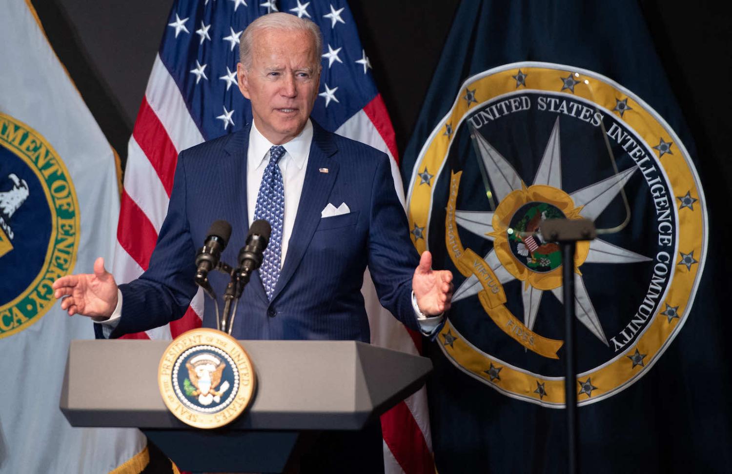 US President Joe Biden addresses the Intelligence Community workforce on a tour at the Office of the Director of National Intelligence, Virginia, 27 July (Saul Loeb/AFP via Getty Images)