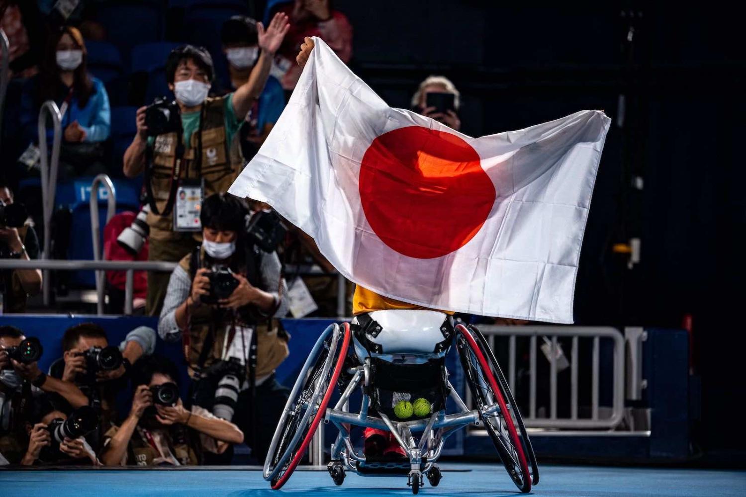 Japan’s Shingo Kunieda celebrates after winning the men’s singles gold medal wheelchair tennis match on 4 September (Philip Fong/AFP via Getty Images)
