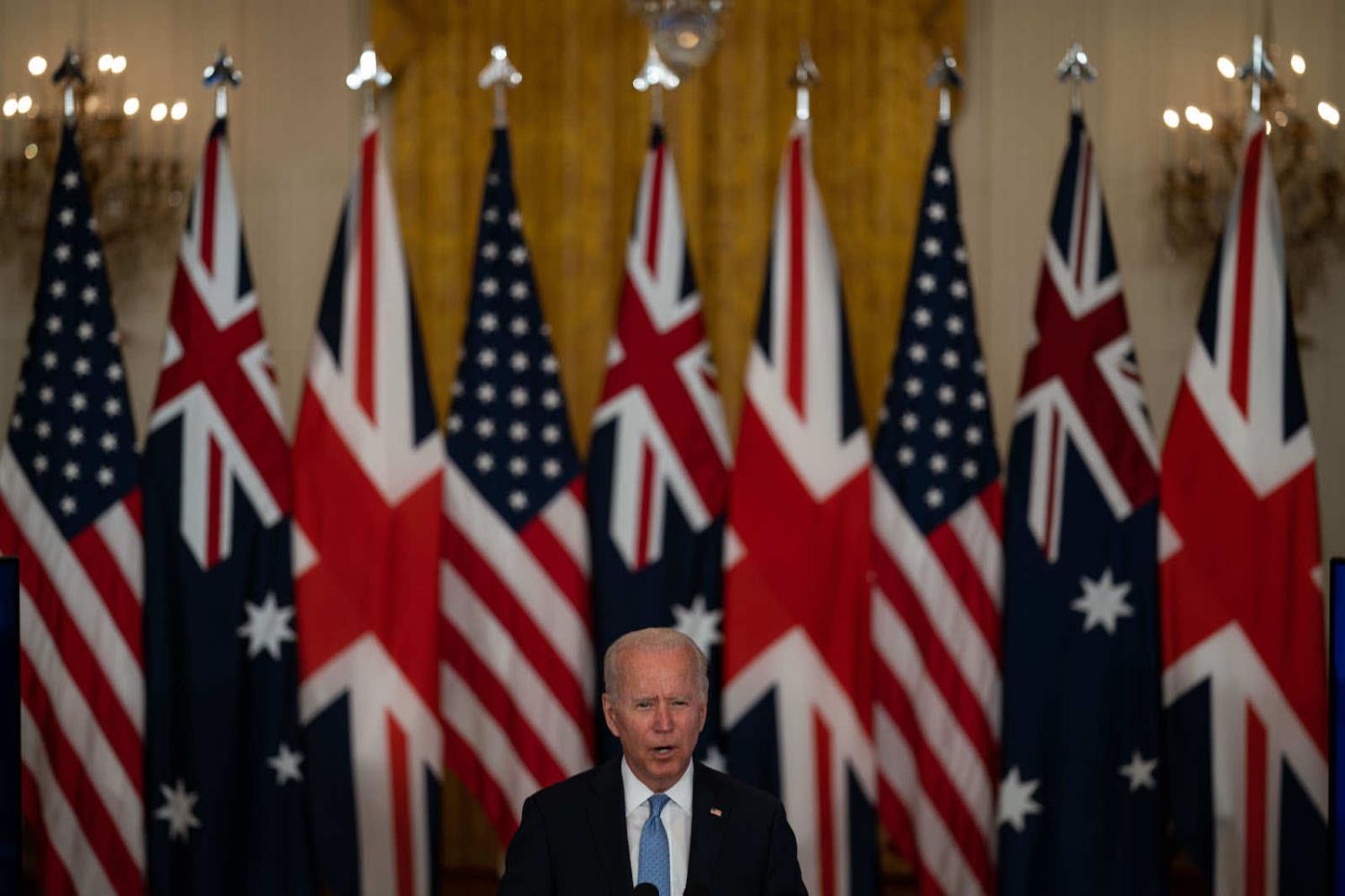 US President Joe Biden announcing that the United Staters along with the United Kingdom will share nuclear submarine technology with Australia under an arrangement dubbed AUKUS (Kent Nishimura/Los Angeles Times via Getty Images)