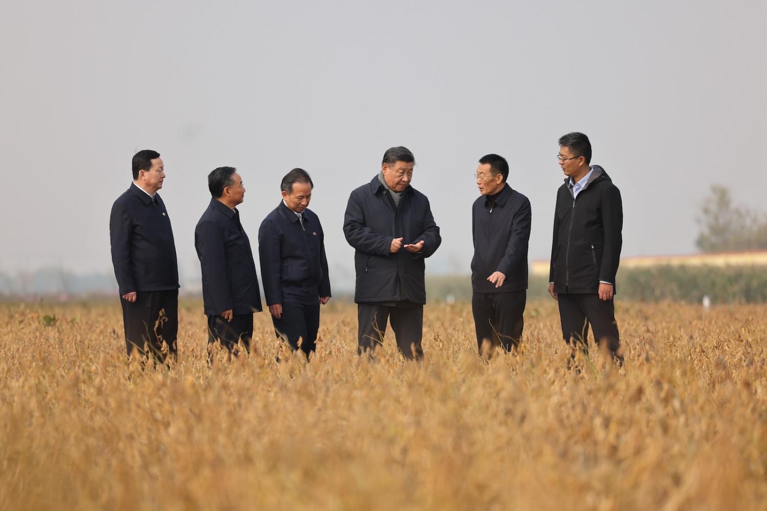 China’s President Xi Jinping (fourth from left) during a visit to the Yellow River Delta near Dongying, Shandong Province, 21 October (Wang Ye/Xinhua via Getty Images)