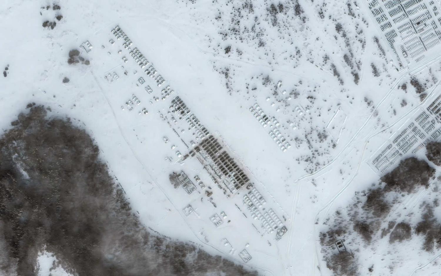 Troop housing on the northern edge of of Yelnya in western Russia on 19 January (Satellite image Maxar Technologies via Getty Images)