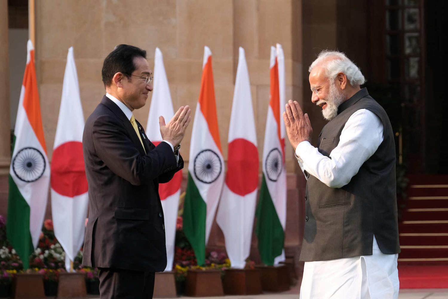 Japan's prime minister Kishida Fumio at Hyderabad House in New Delhi with Narendra Modi last month (T. Narayan/Bloomberg via Getty Images)