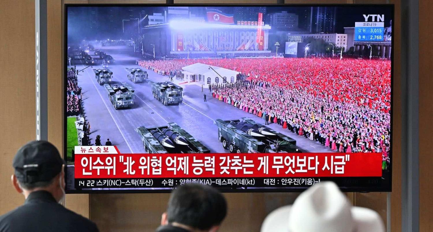 A news broadcast in Seoul of a military parade held in Pyongyang to commemorate the 90th founding anniversary of the Korean People’s Revolutionary Army (Jung Yeon-je/AFP via Getty Images)