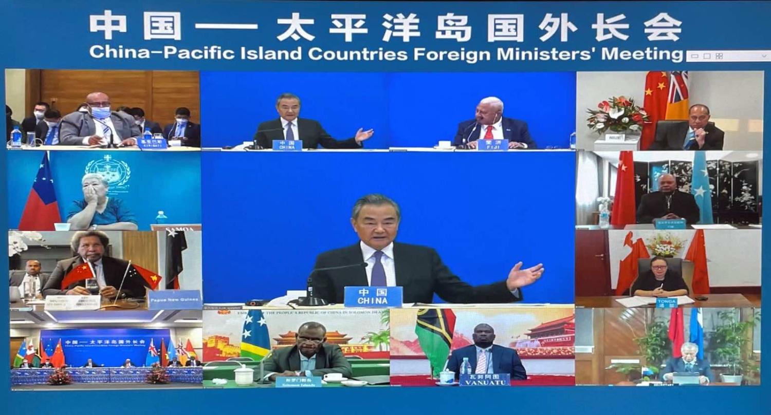China’s Foreign Minister Wang Yi co-hosts the second China-Pacific Island Countries Foreign Ministers Meeting with Fiji’s Prime Minister and Foreign Minister Voreqe Frank Bainimarama in Suva, Fiji, 30 May (Xinhua via Getty Images)