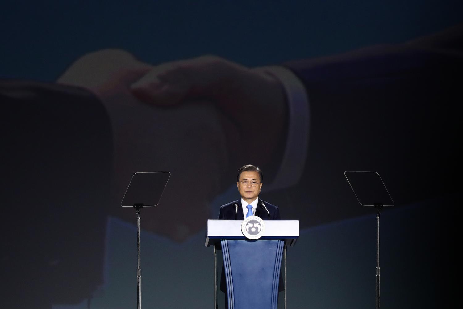 South Korean President Moon Jae-in speaking on the 75th anniversary of Liberation Day, 15 August 2020 in Seoul (Chung Sung-Jun/Getty Images)