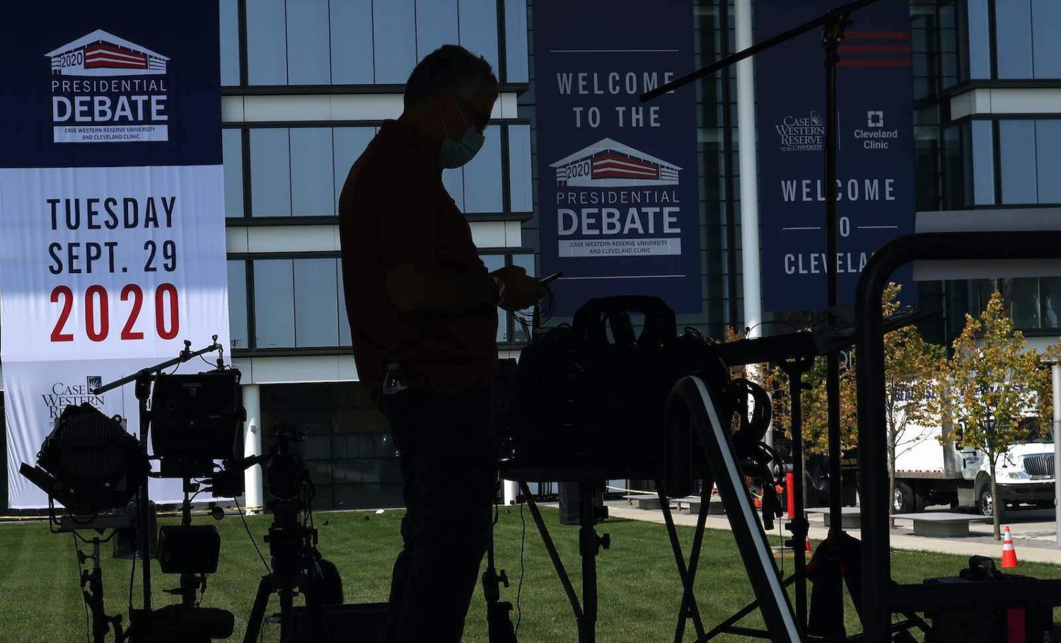 Media prepare for the first debate between President Donald Trump and Democratic nominee Joe Biden, to be held 29 September in Cleveland, Ohio (Win McNamee/Getty Images)