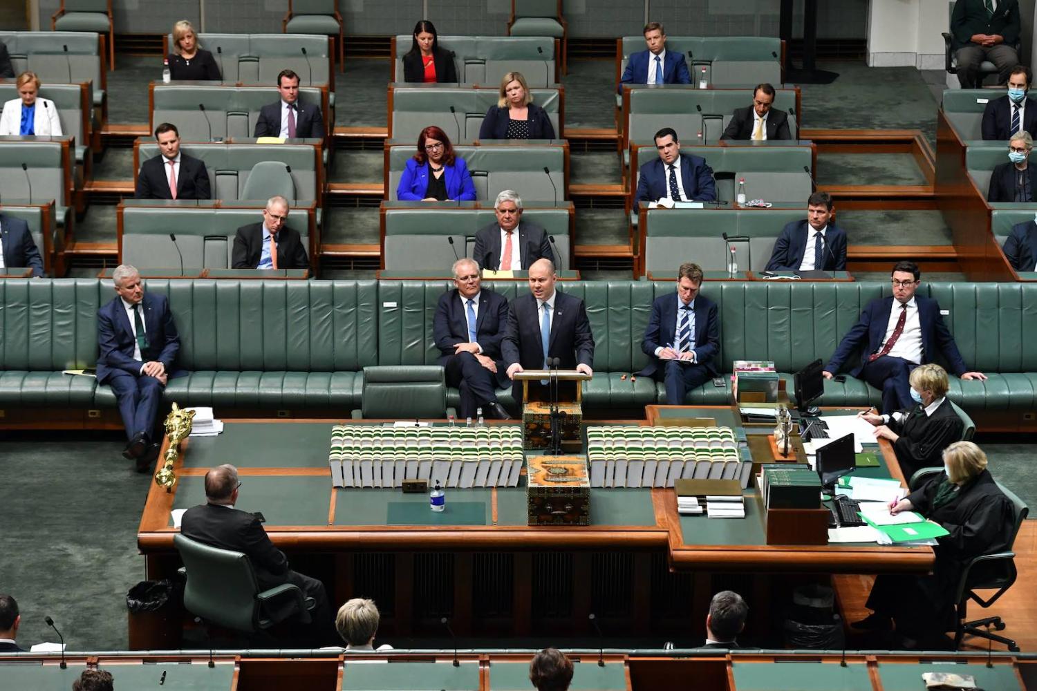Treasurer Josh Frydenberg delivers his speech on the 2020–21 budget in the House of Representatives, 6 October 2020 in Canberra (Sam Mooy/Getty Images) 