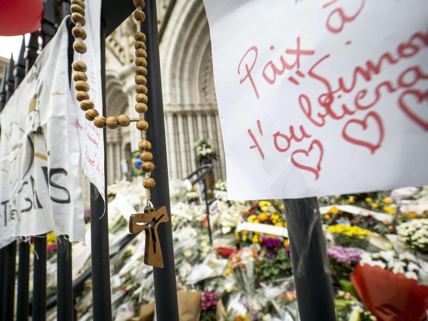 Memorials outside Notre Dame Basilica in Nice, France following the fatal stabbing of three people on 29 October (Arnold Jerocki/Getty Images)