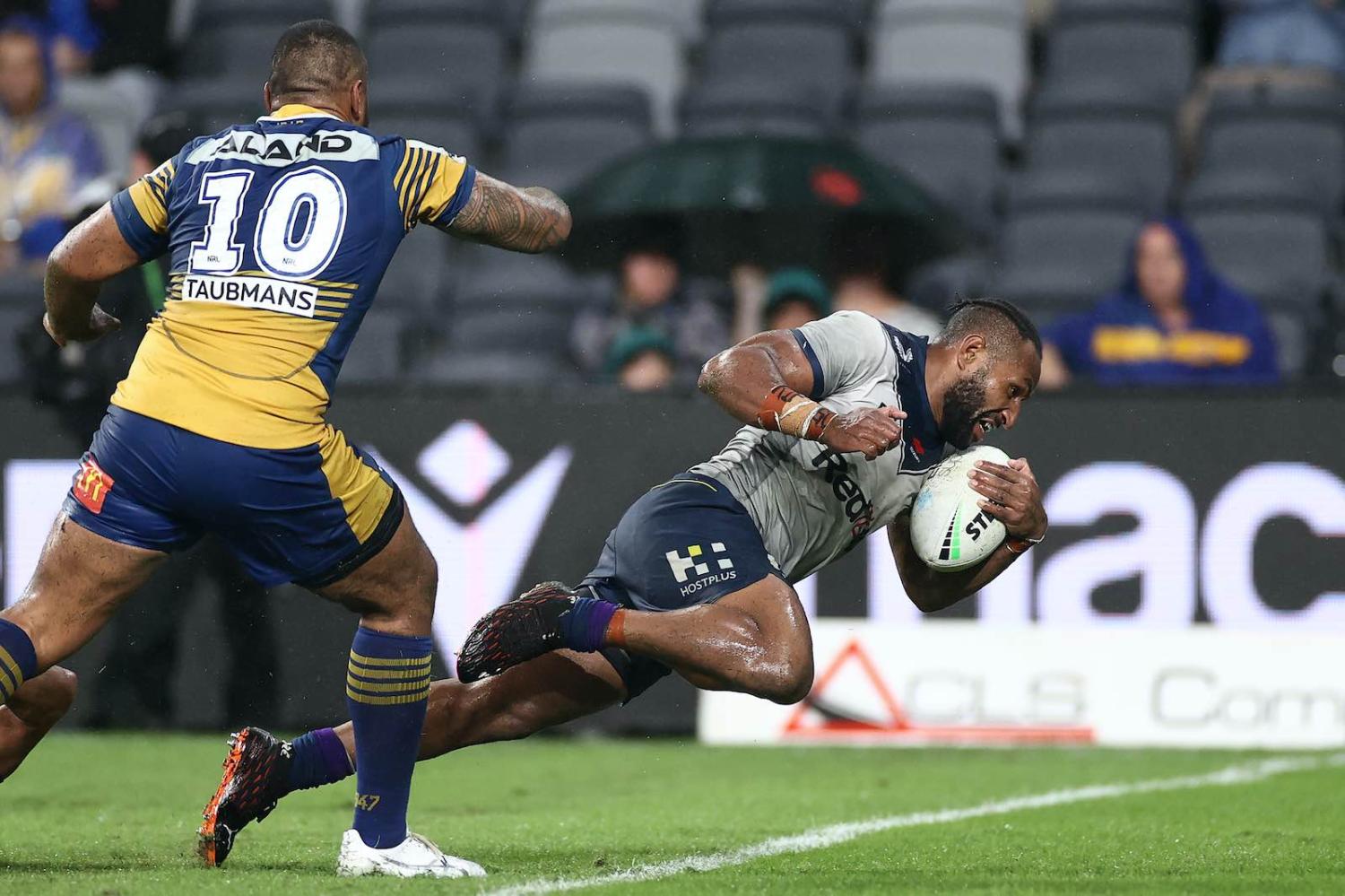 Justin Olam of the Melbourne Storm scores a try during the round two NRL match between the Parramatta Eels and the Melbourne Storm on 18 March 2021 (Cameron Spencer/Getty Images)