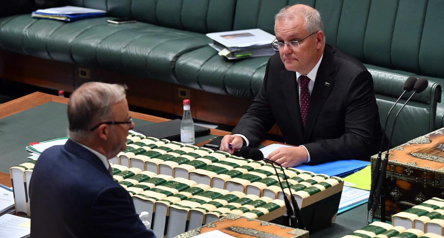 Prime Minister Scott Morrison, right, and Leader of the Opposition Anthony Albanese during Question Time in the Australian parliament (Sam Mooy/Getty Images)