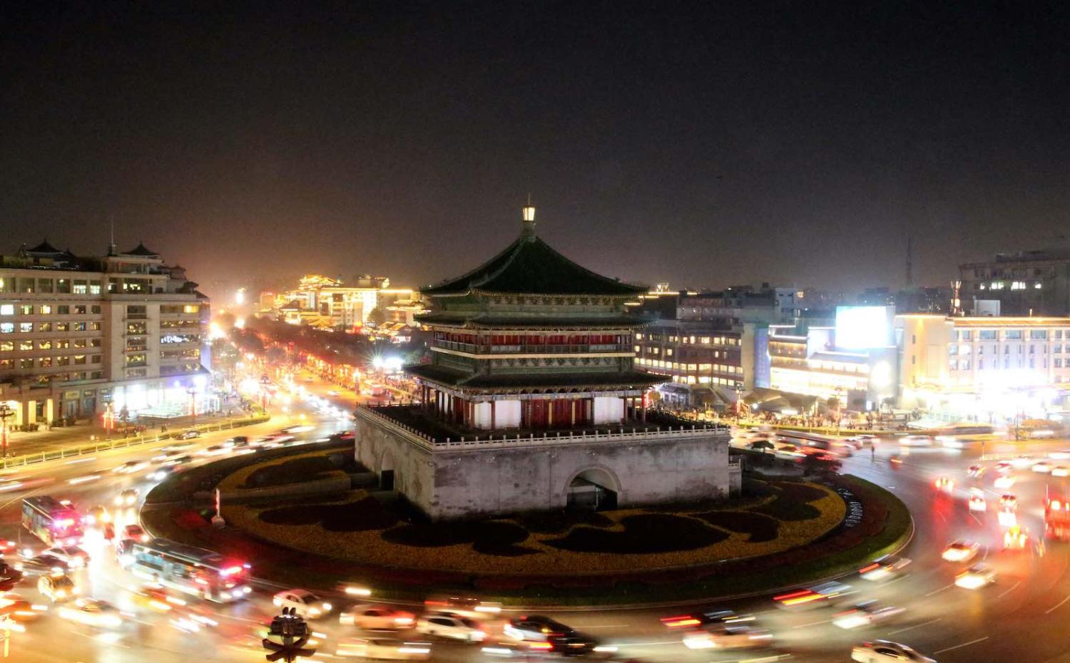 The Xi’an Bell Tower, Xi’an, Shaanxi Province, China, with the lights off during Earth Hour 2021 on 27 March (Shang Hongtao/VCG via Getty Images)