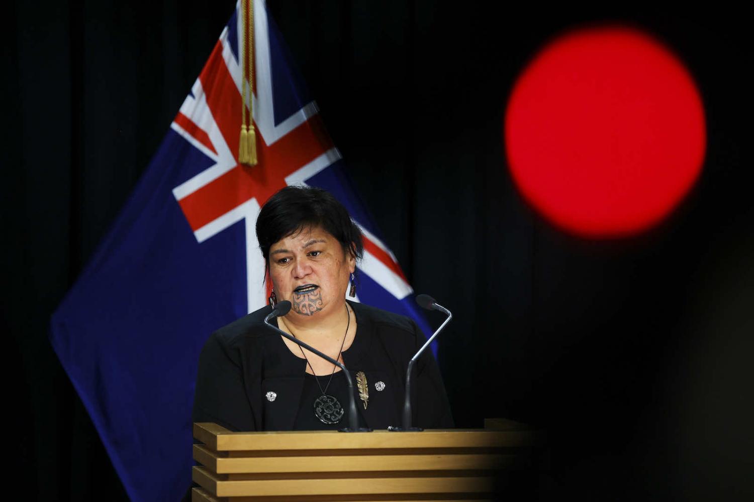 New Zealand’s Foreign Minister Nanaia Mahuta speaks to the media in Wellington in April following talks with Australian counterpart Marise Payne (Hagen Hopkins/Getty Images)
