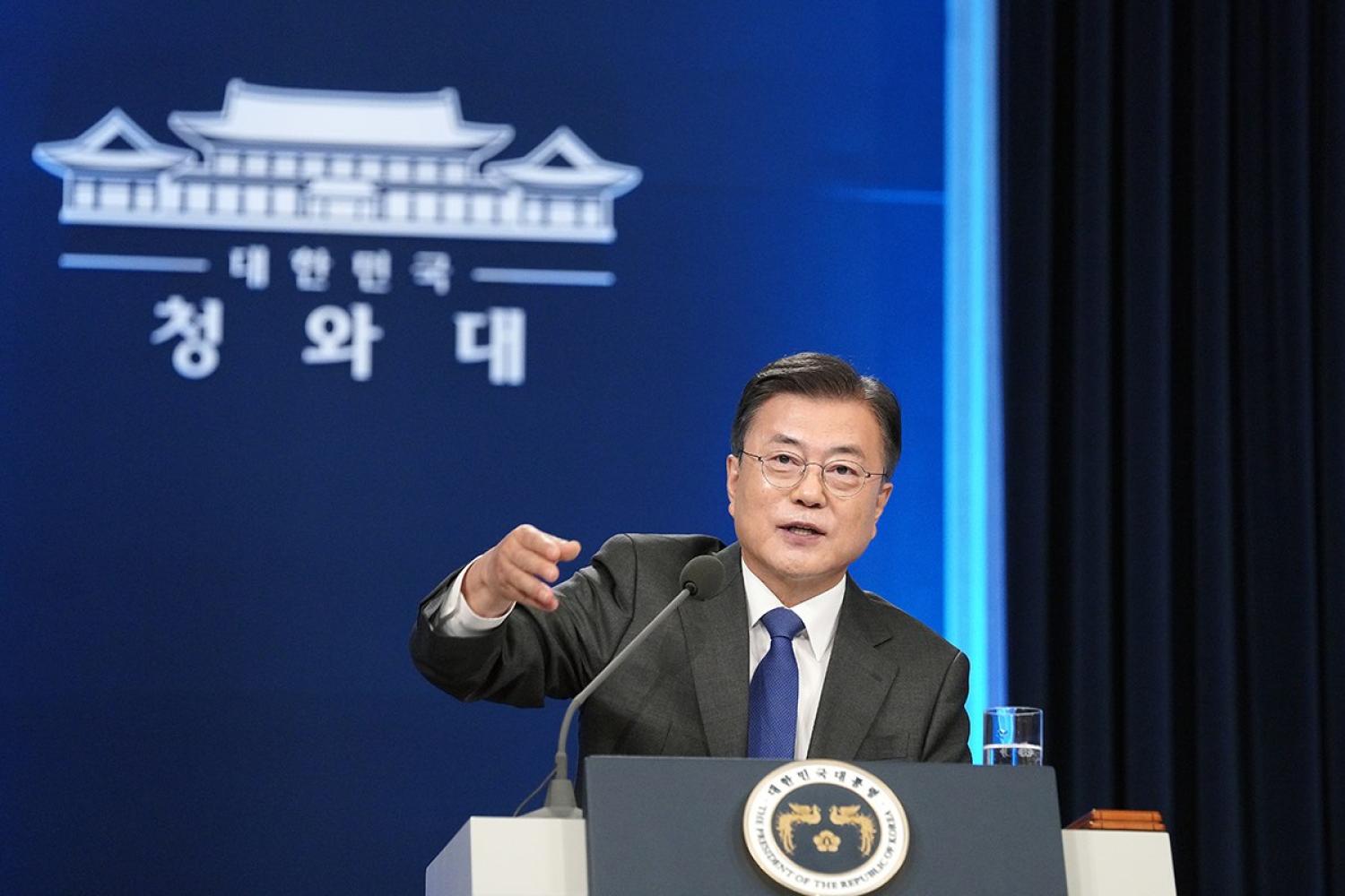 Moon Jae-in delivers a special address to mark the fourth anniversary of his inauguration at the presidential Blue House, Seoul, 10 May 2021 (Getty Images)