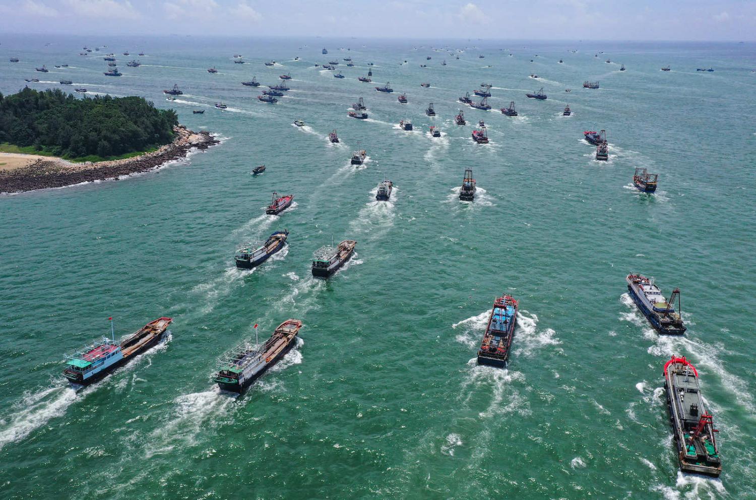 Boats setting sail for fishing grounds in August 2021 from Yangjiang, Guangdong province of China, after a fishing ban in the South China Sea was lifted (Liang Wendong/VCG via Getty Images)