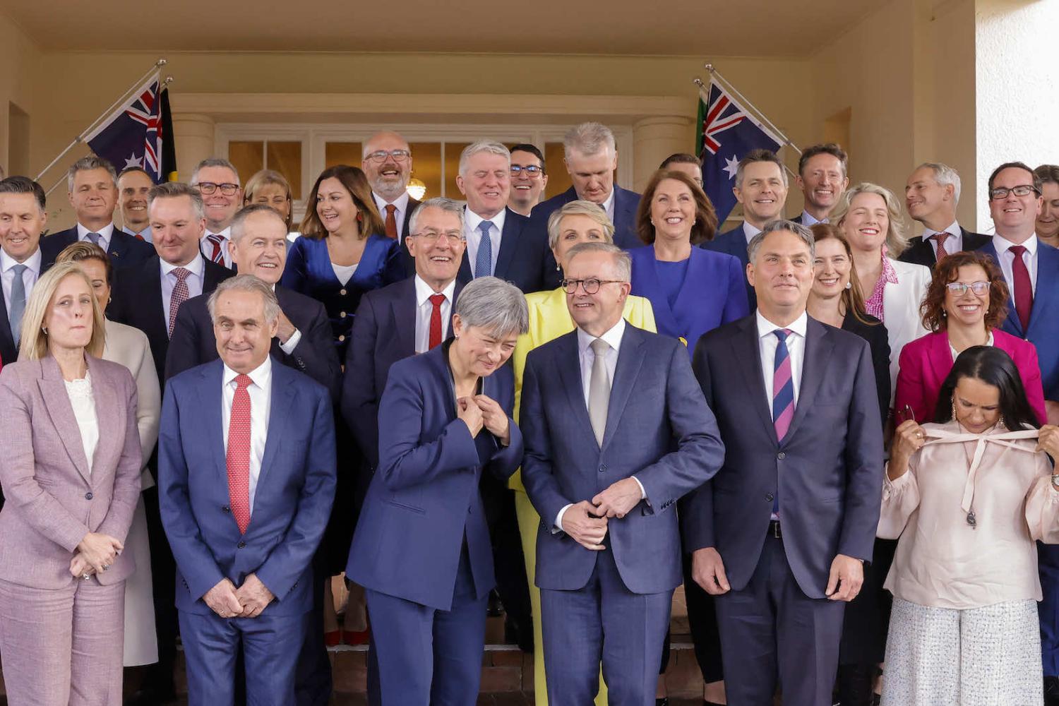 Prime Minister Anthony Albanese, front, fourth from the left, with his new cabinet, including Trade Minister Don Farrell, second left, Foreign Minister Penny Wong, third left, and Defence Minister Richard Marles, second right (Jenny Evans/Getty Images)