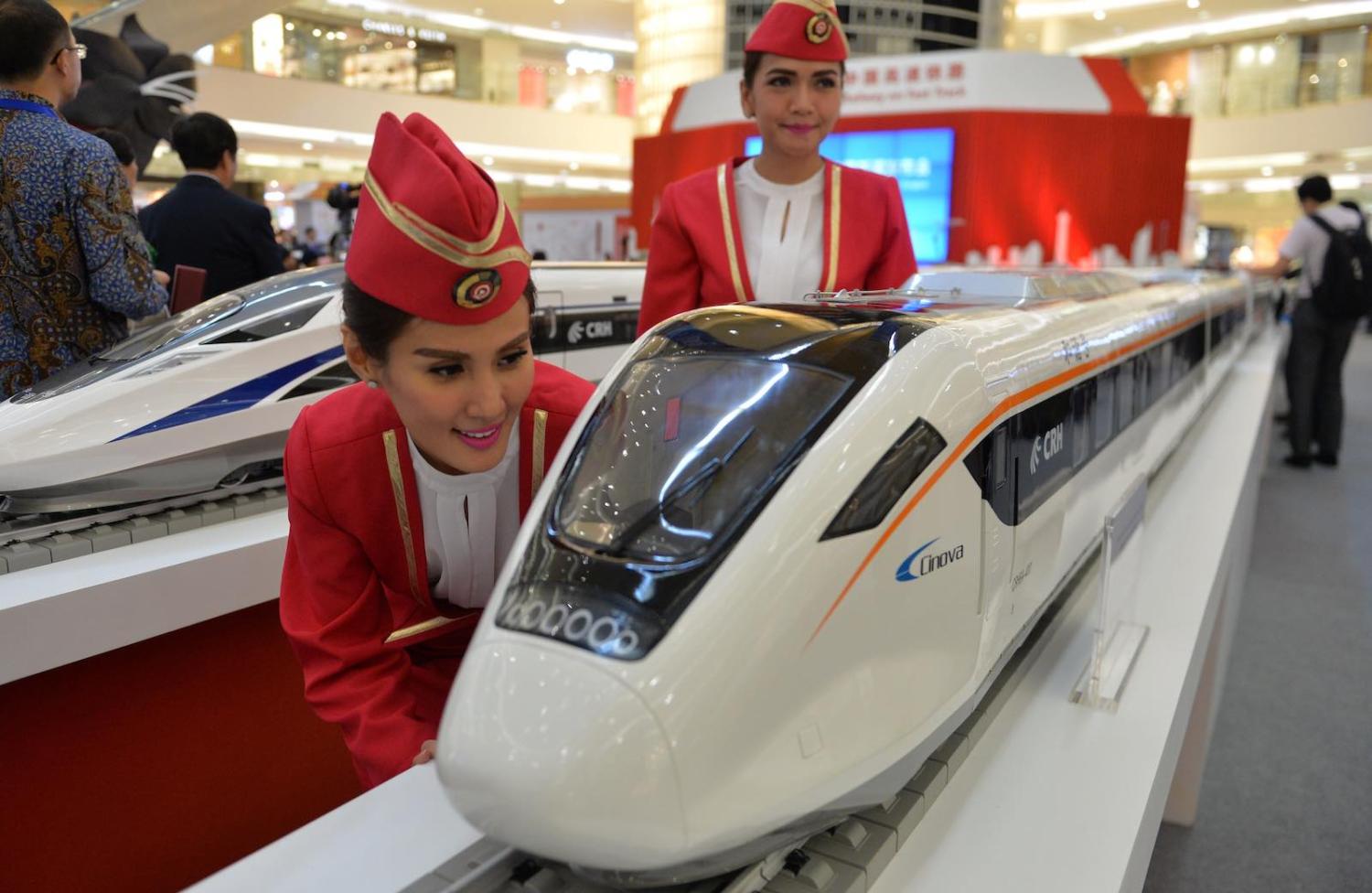 Models of Chinese-made bullet trains on exhibition in Jakarta (Photo: Bay Ismoyo via Getty)
