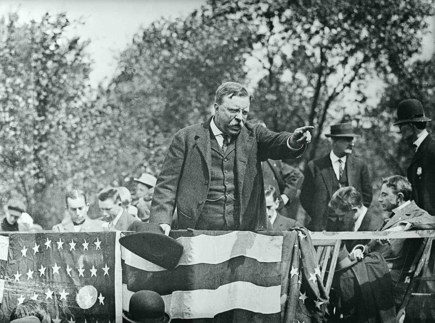 Theodore Roosevelt during a campaign rally speech circa 1900 (Bettmann via Getty Images)