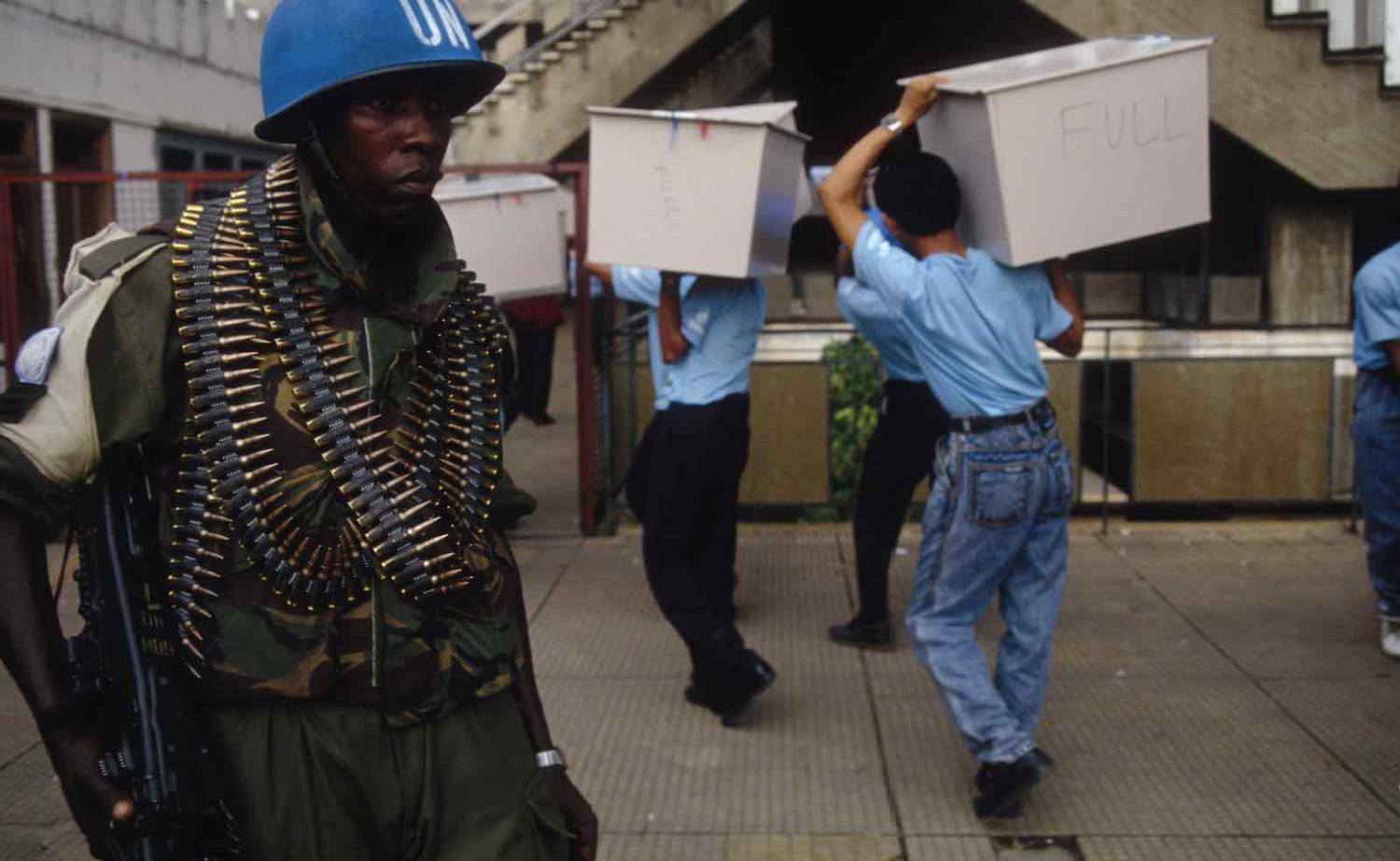 Ballot boxes are collected in Cambodia under UN supervision in 1993 (Photo: Noboru Hashimoto via Getty)