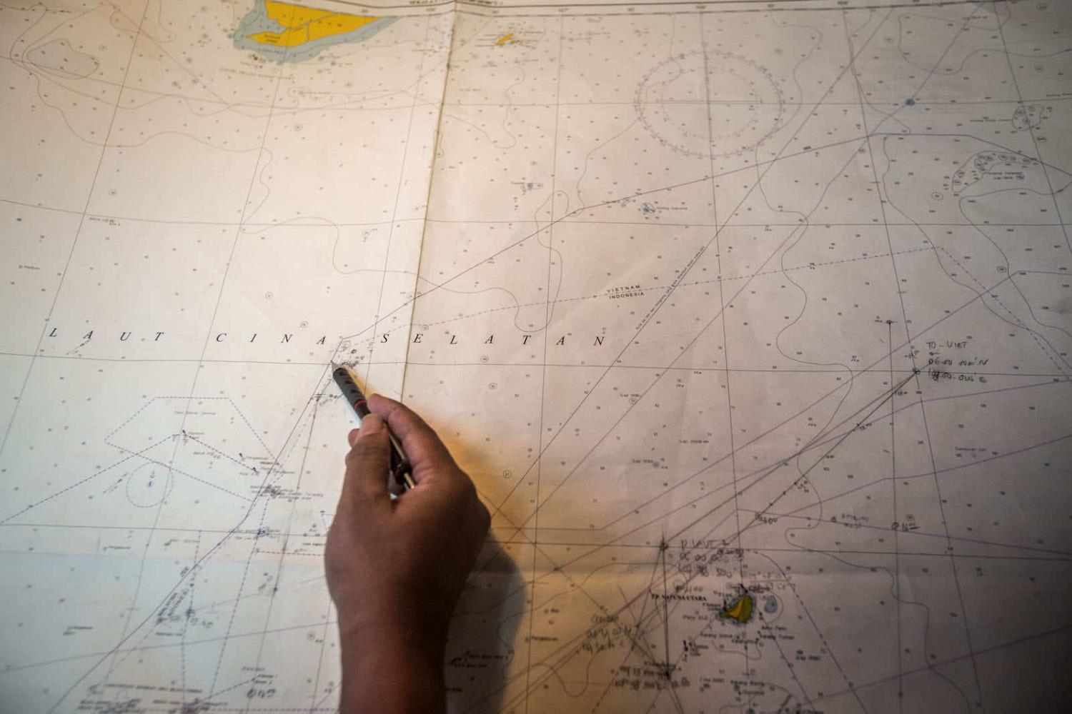 Charts on a partrol near Natuna, Ranai, Indonesia, in the South China Sea, 2016 (Ulet Ifansasti/Getty Images)
