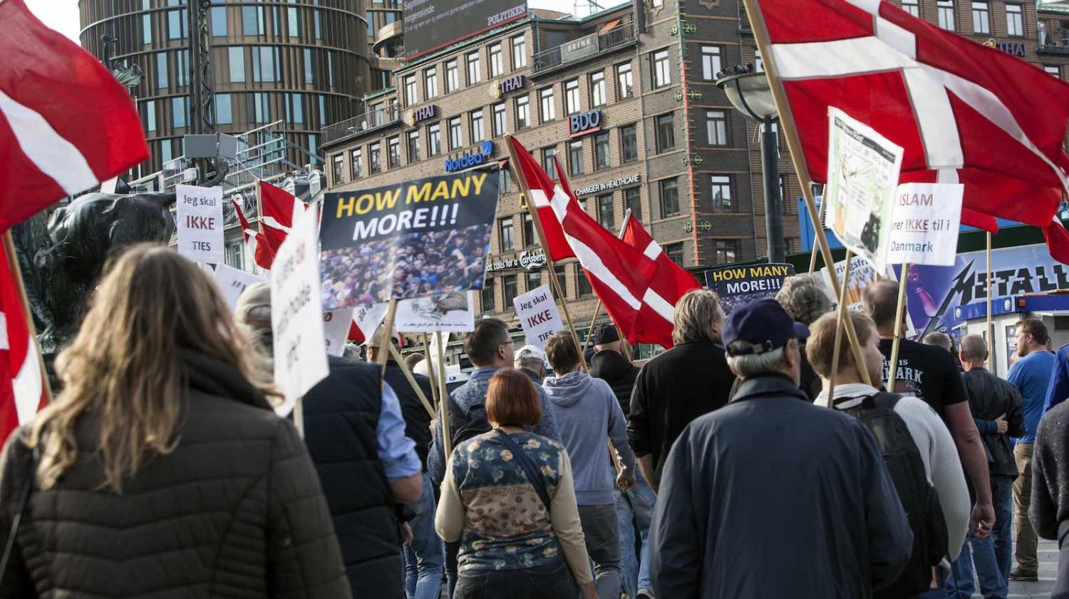 Protestors organised by For Freedom (Danish, read: For Frihed) demonstrate against Muslim through Copenhagen, Denmark, in 2016 (Photo: Ole Jensen via Getty)