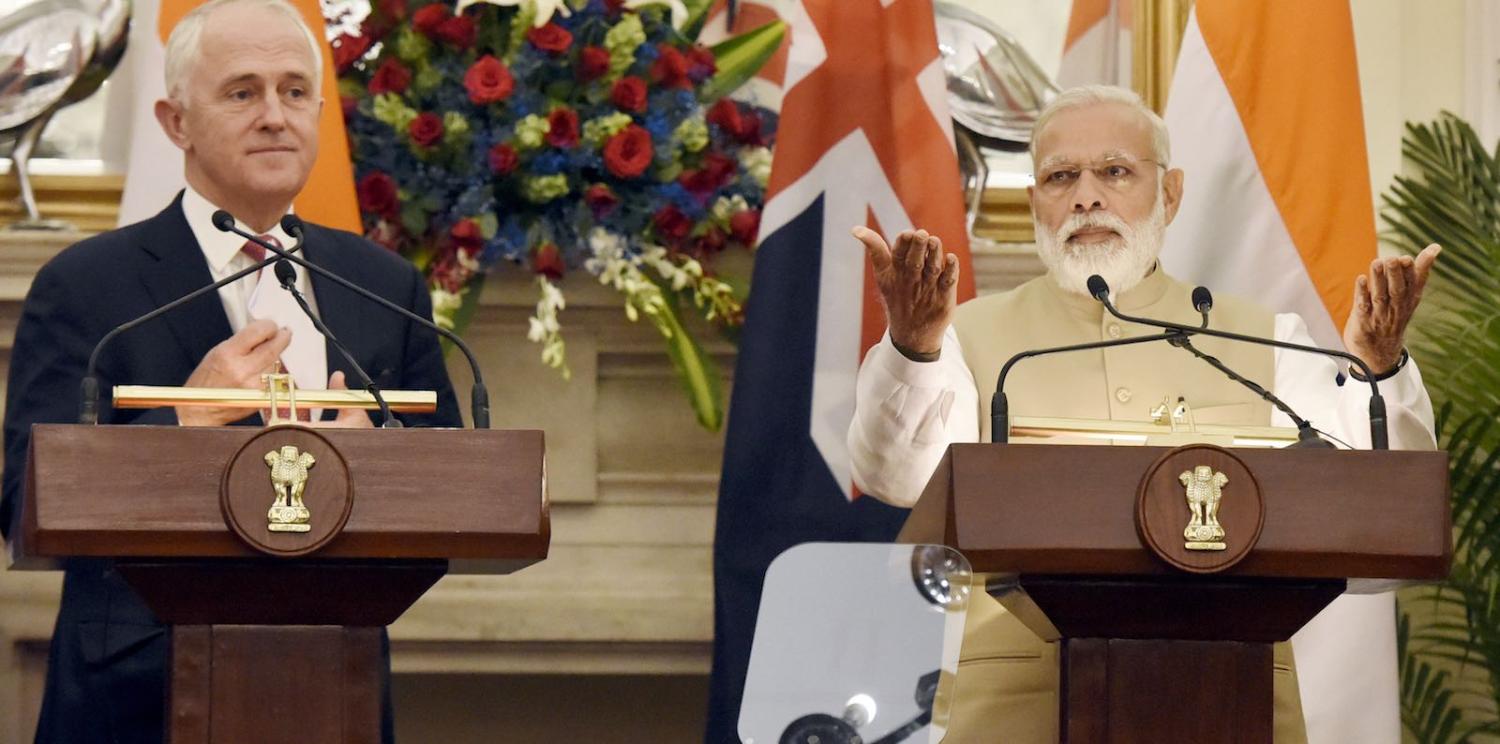 Indian Prime Minister Narendra Modi and Australian Prime Minister Malcolm Turnbull in New Delhi, India, April 2017 (Photo: Sonu Mehta via Getty)