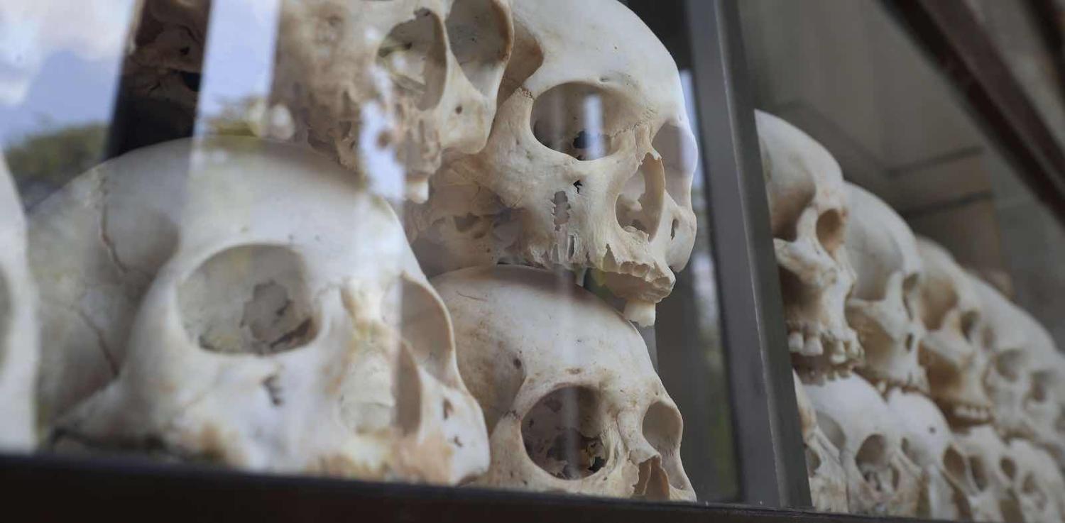 Victims of the Pol Pot regime on display in a memorial tower at the Choeung Ek killing fields (Photo: Satoshi Takahashi via Getty)