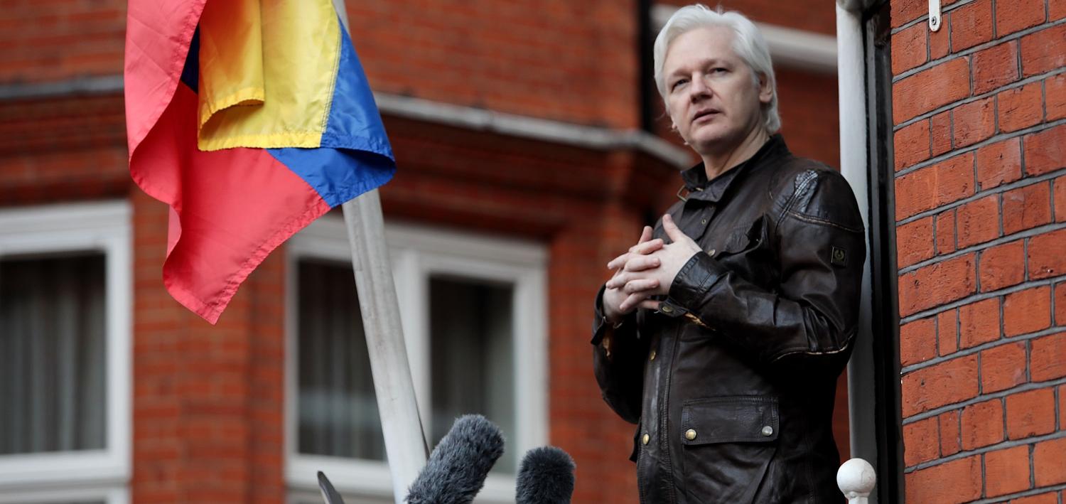Julian Assange speaking outside the Ecuadorian Embassy in the UK, May 2017 (Photo: Jack Taylor/Getty Images)