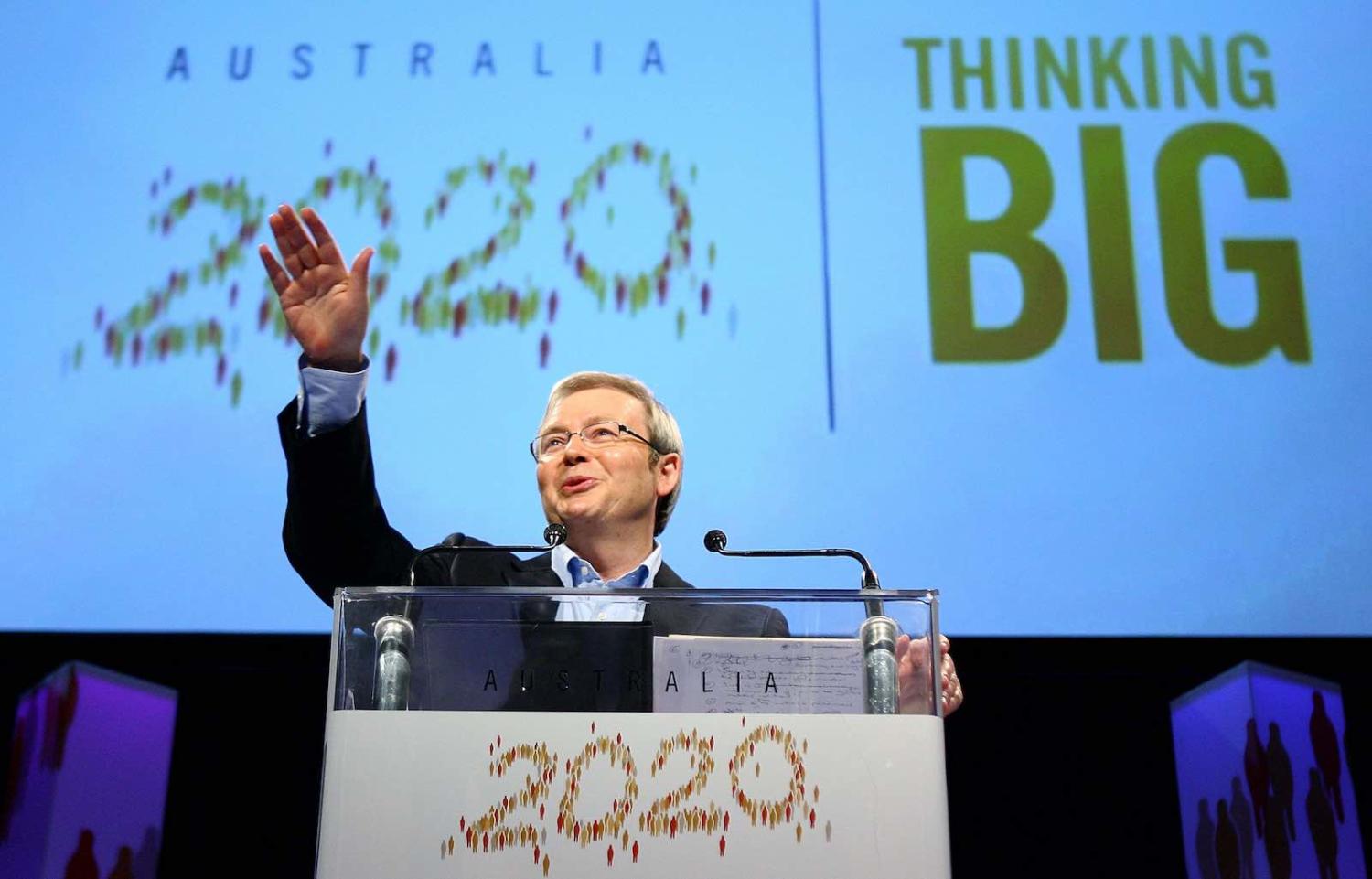 Kevin Rudd, then Prime Minister, opens day one of the Australia 2020 Summit held at Parliament House, Canberra, 19 April 2008 (Mark Nolan/Getty Images)