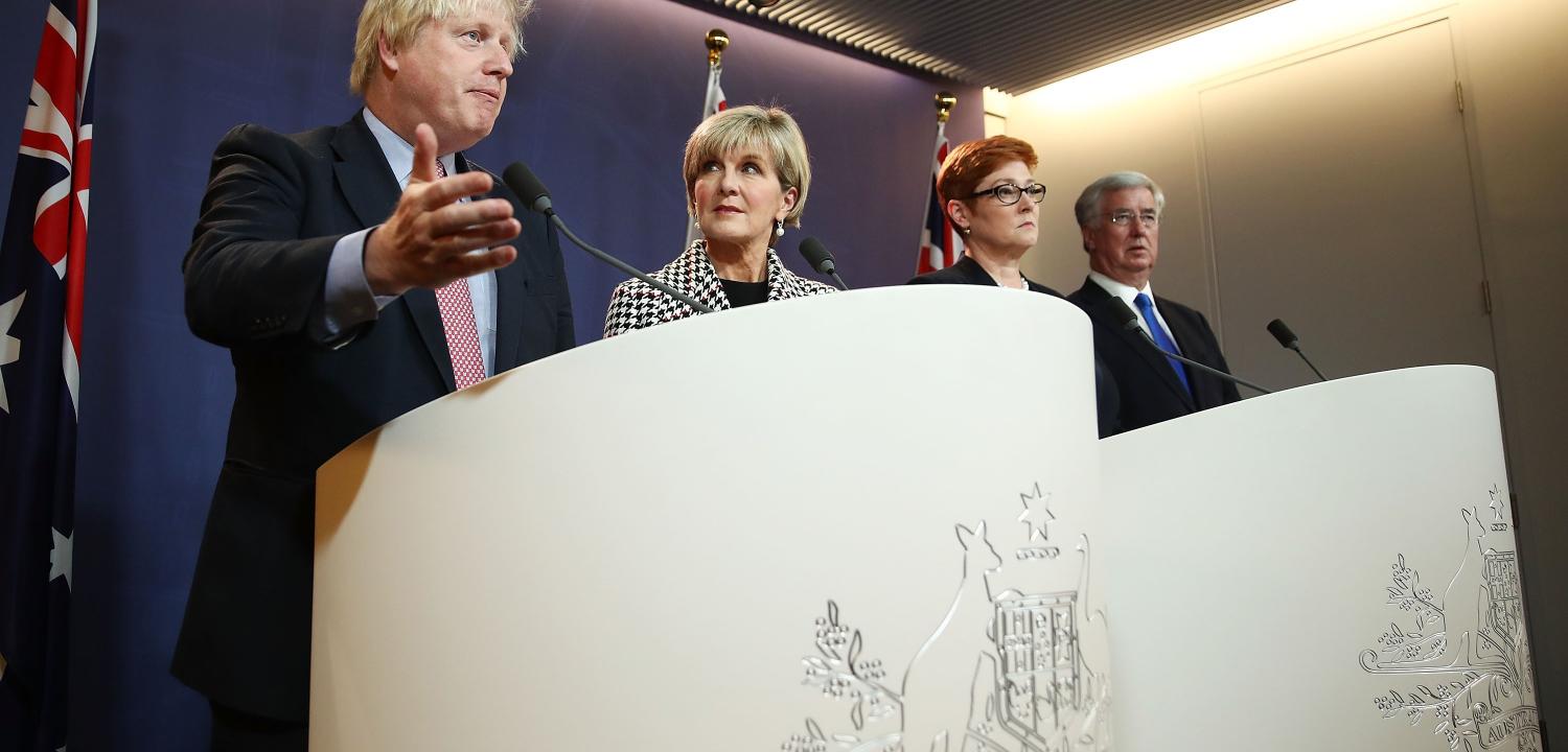 A media conference for an Australia-UK ministerial meeting, July 2017 (Photo: Brendon Thorne/Getty Images)