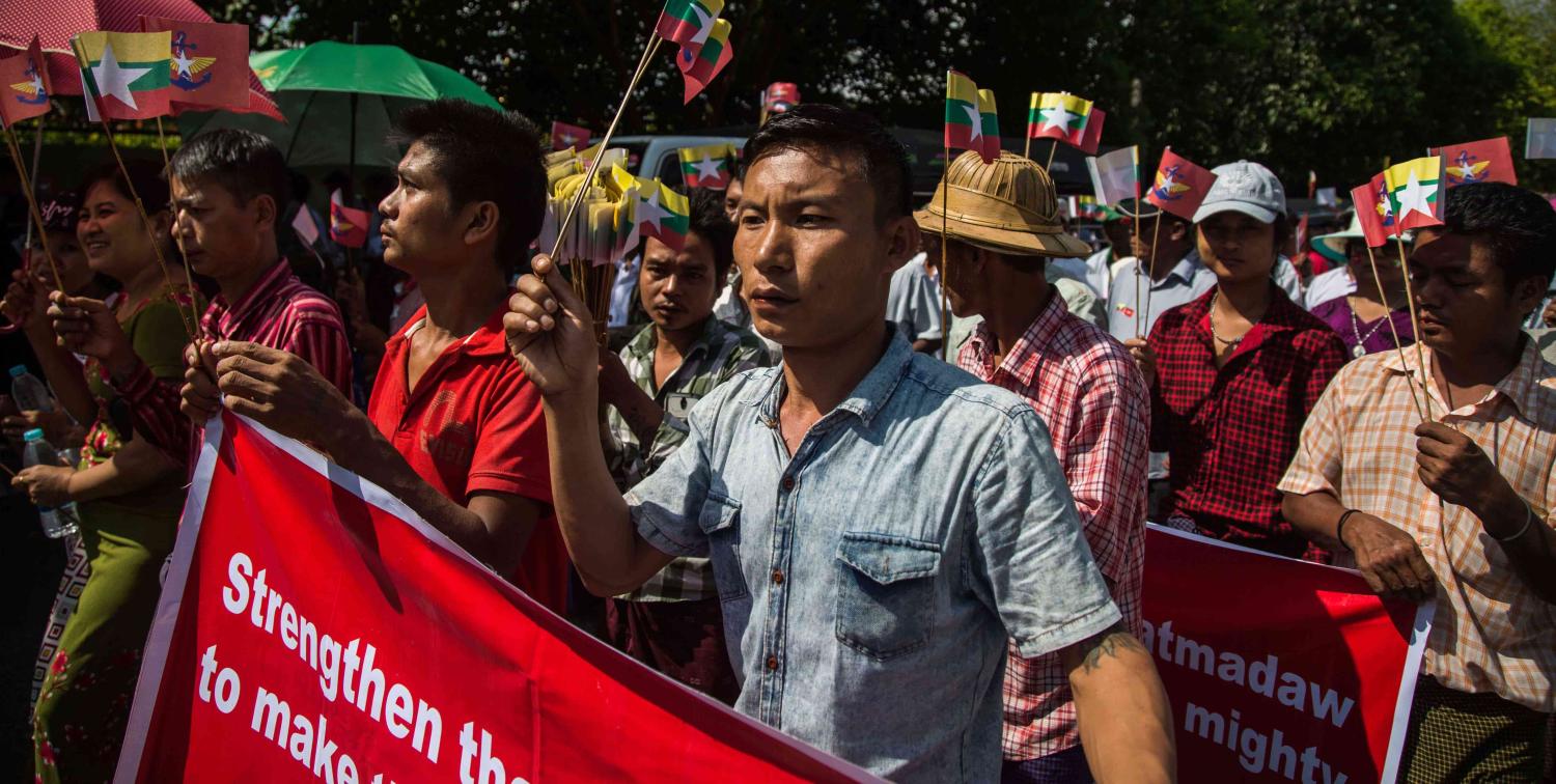 Pro-Tatmadaw demonstrators in Yangon, Myanmar, October 2017 (Photo: Lauren DeCicca/Getty Images)