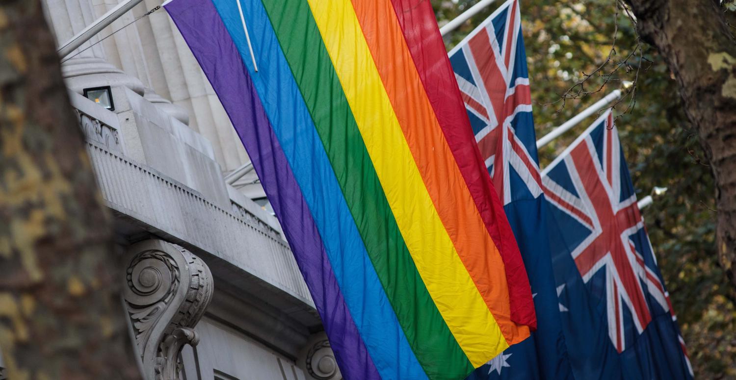 The rainbow flag hanging outside Australia House in London, November 2017 (Photo: Jack Taylor/Getty Images)