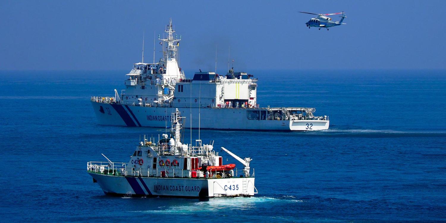 A Japan Coast Guard helicopter approaches an Indian Coast Guard patrol vessel during a joint exercise off Chennai, India, January 2018 (Photo: The Asahi Shimbun via Getty)