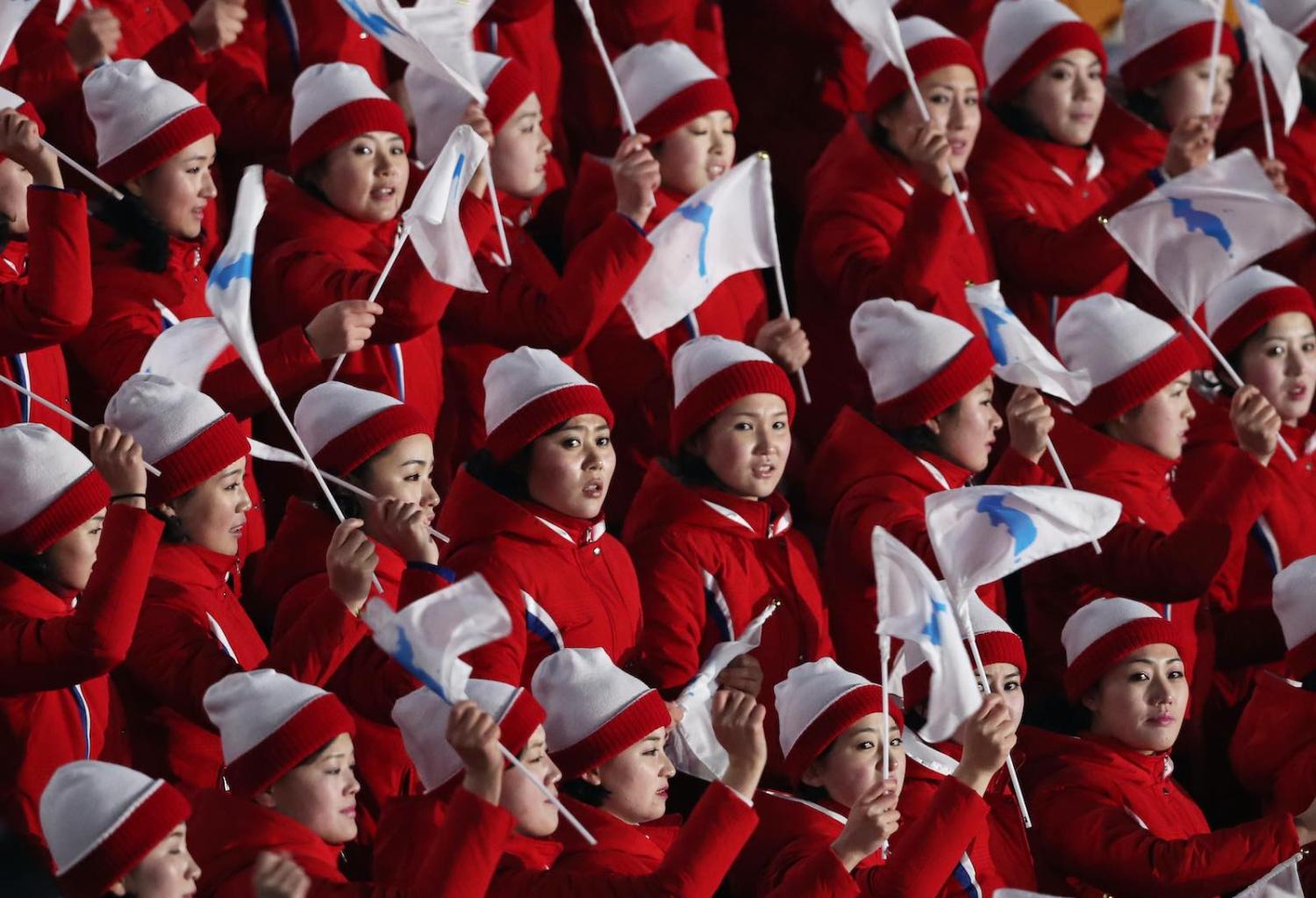 North Korean cheerleaders at the opening ceremony of the 2018 Winter Olympic Games, 9 February 2018 in Pyeongchang-gun, South Korea (Ian MacNicol/Getty Images)