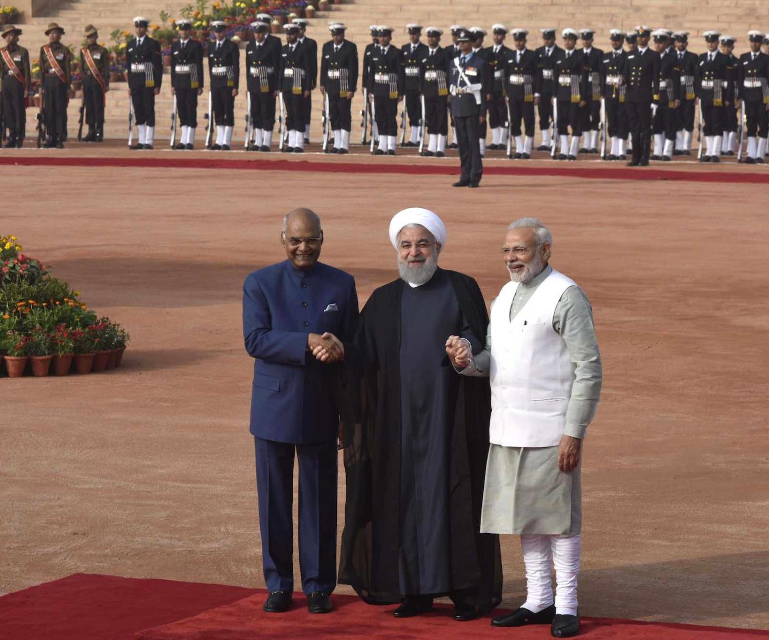 Iranian President Hassan Rouhani with Indian President Ramnath Kovind (L) and Prime Minister Narendra Modi (R) during a reception in New Delhi, February 2018 (Photo: Vipin Kumar/Hindustan Times via Getty Images)